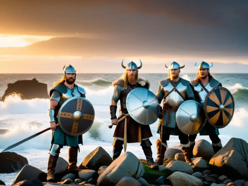 Un grupo de recreadores modernos vestidos como guerreros vikingos en un escarpado y ventoso litoral al atardecer