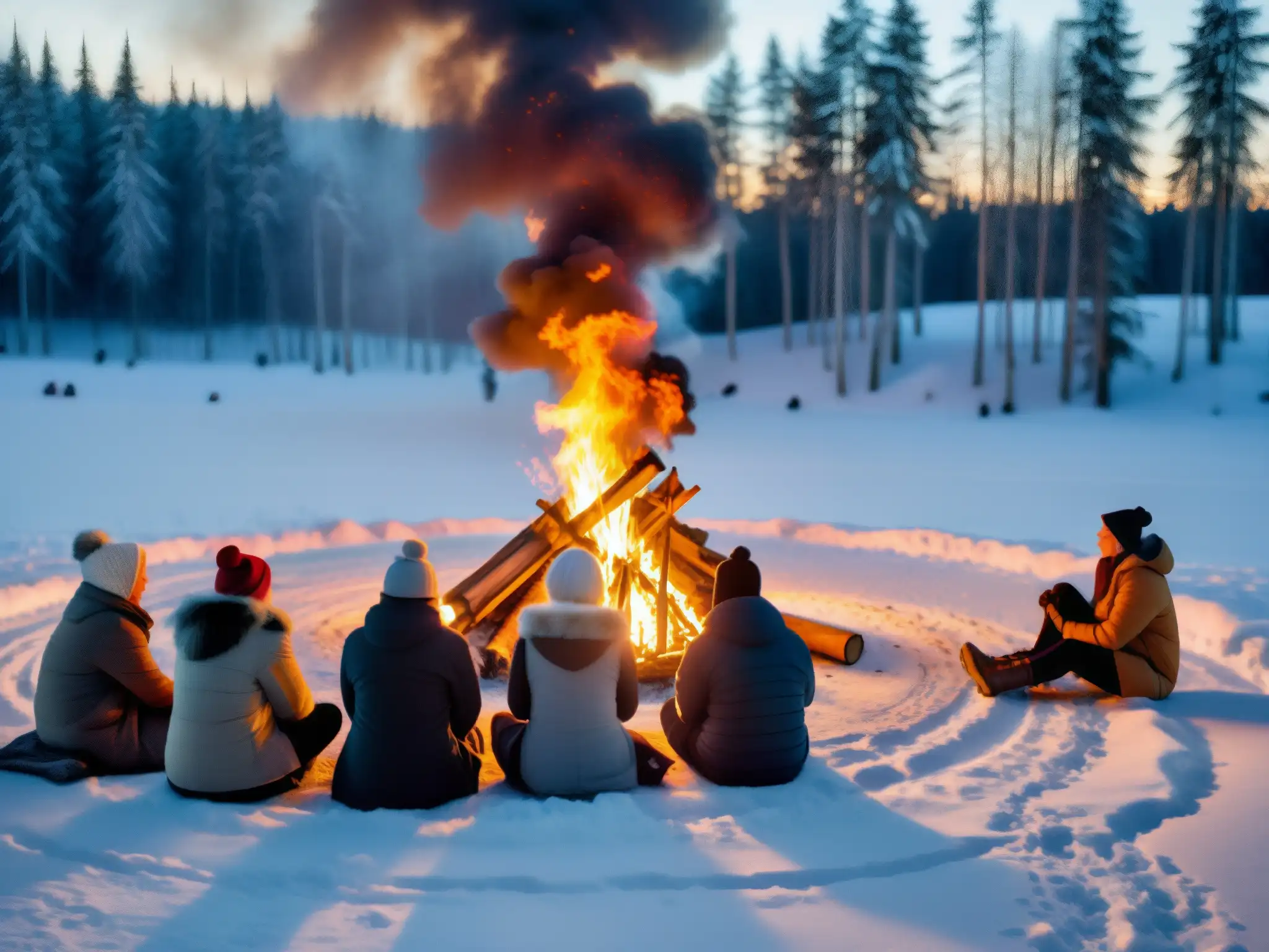 Grupo reunido alrededor de una gran hoguera en el solsticio de invierno, evocando antiguos mitos y leyendas nórdicas