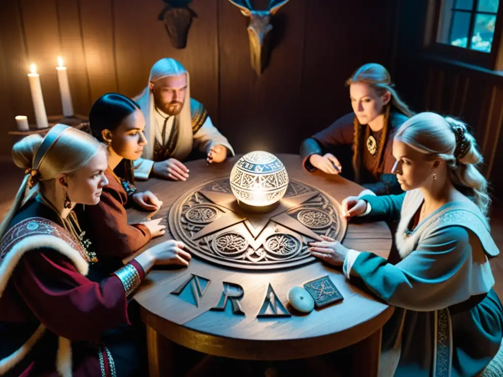 Grupo en rituales nórdicos de adivinación alrededor de mesa tallada con símbolos antiguos, utilizando runas, tarot y bola de cristal bajo luz de vela