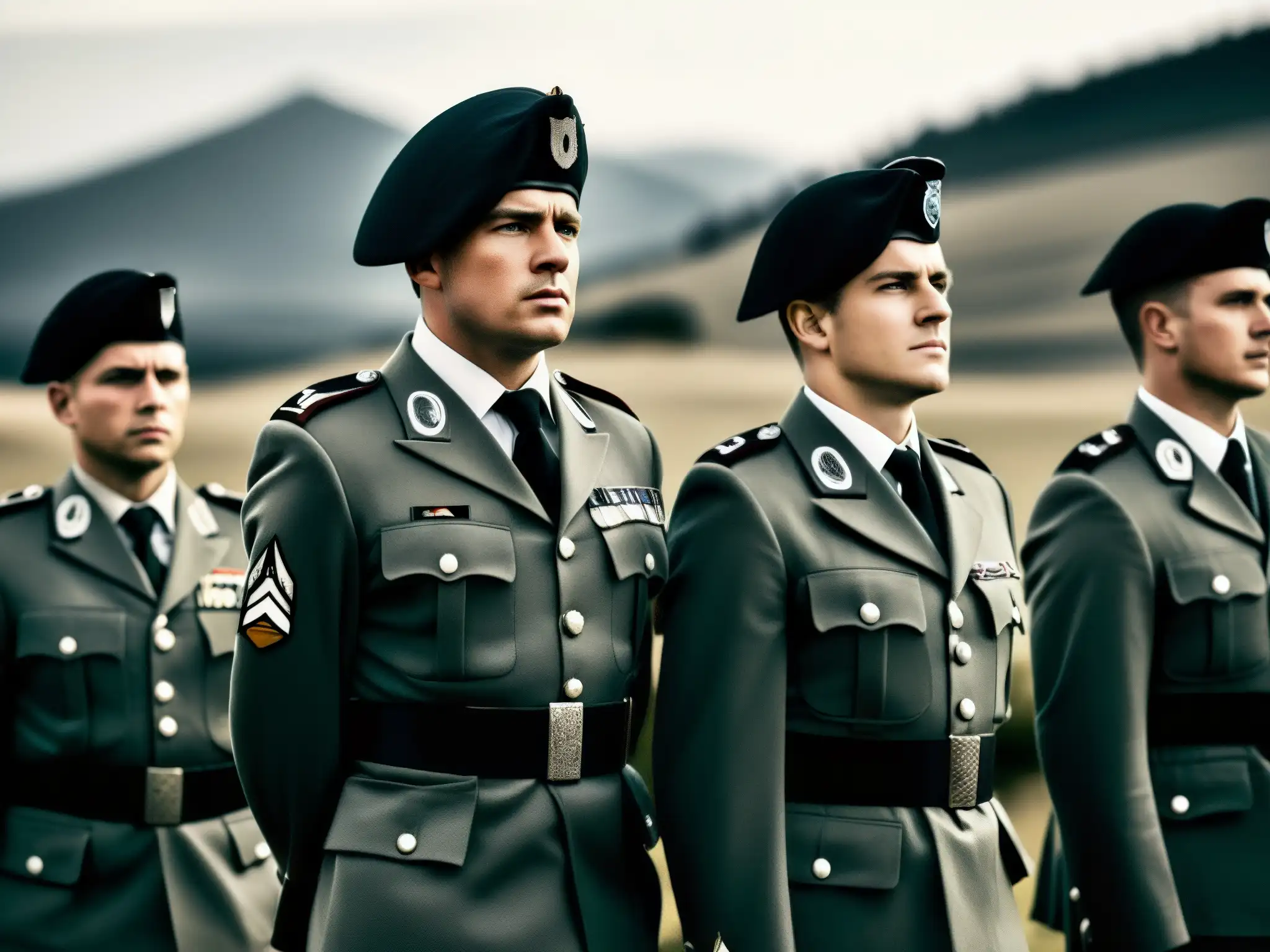 Un grupo de soldados en formación, con uniformes impecables, expresiones serias y determinadas