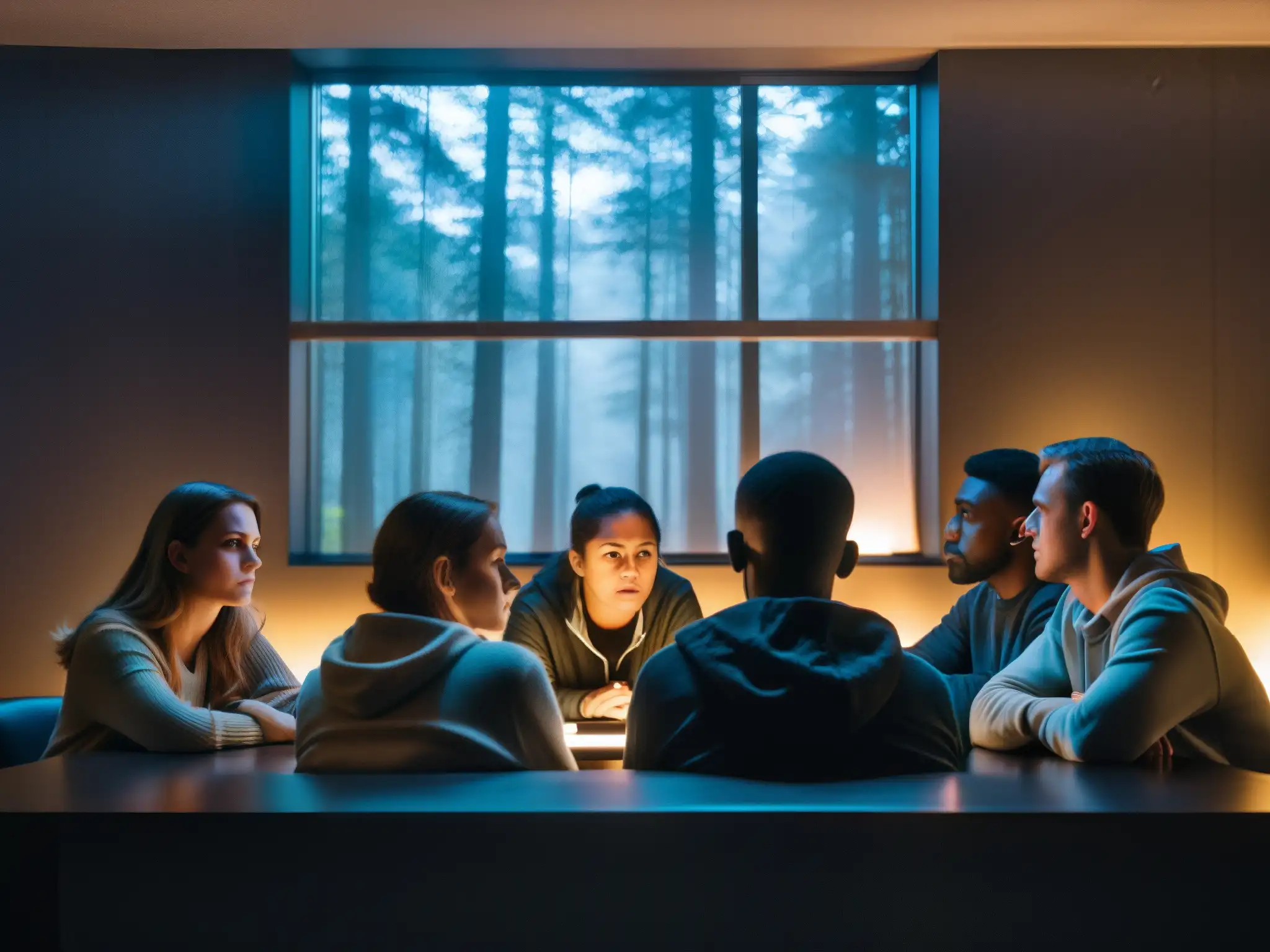Un grupo tenso de personas en una habitación oscura, con caras iluminadas por pantallas de computadora