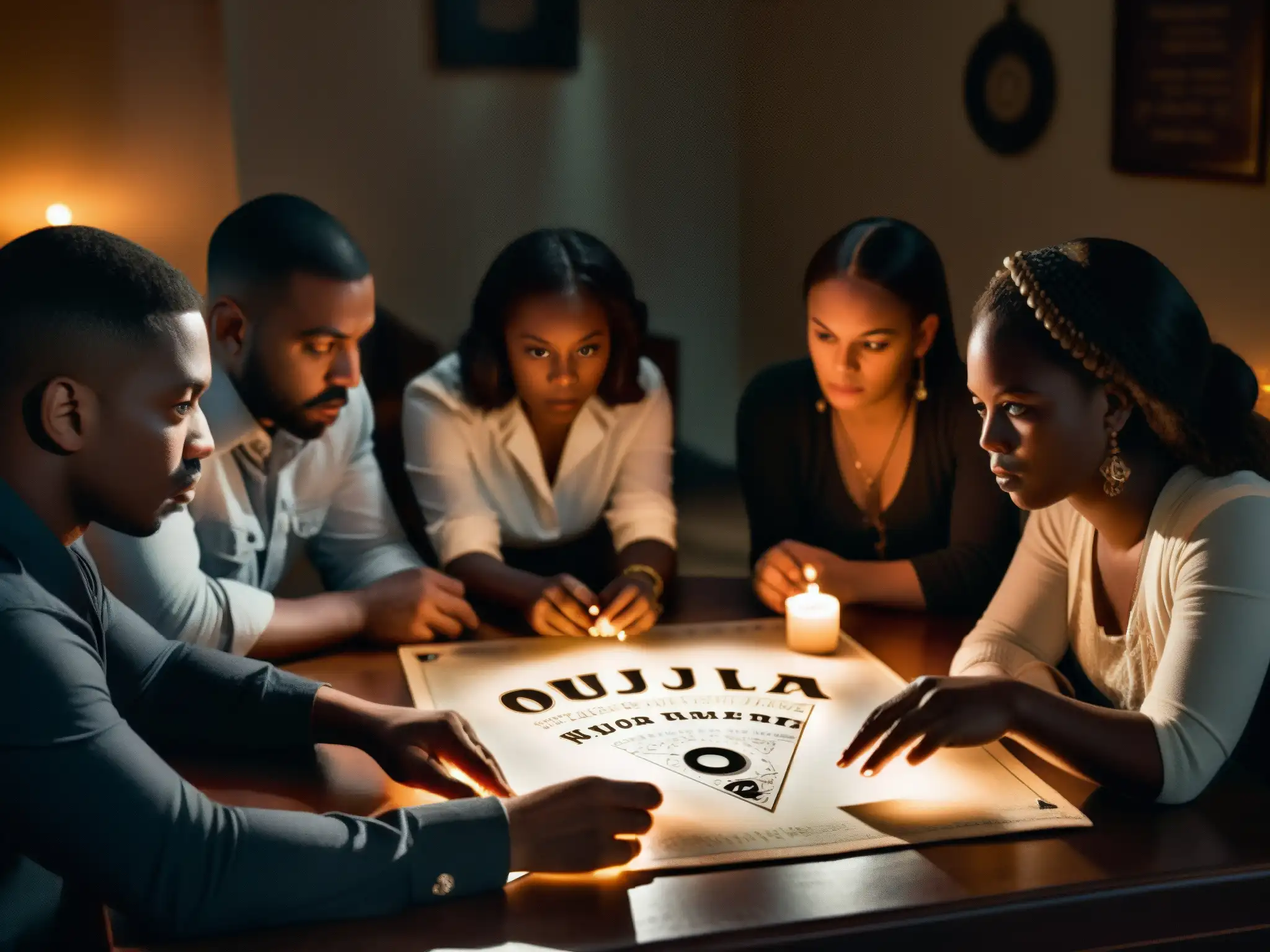 Un grupo tenso de personas rodea una Ouija en una habitación a oscuras, iluminada por velas, evocando el análisis psicológico de la cultura popular