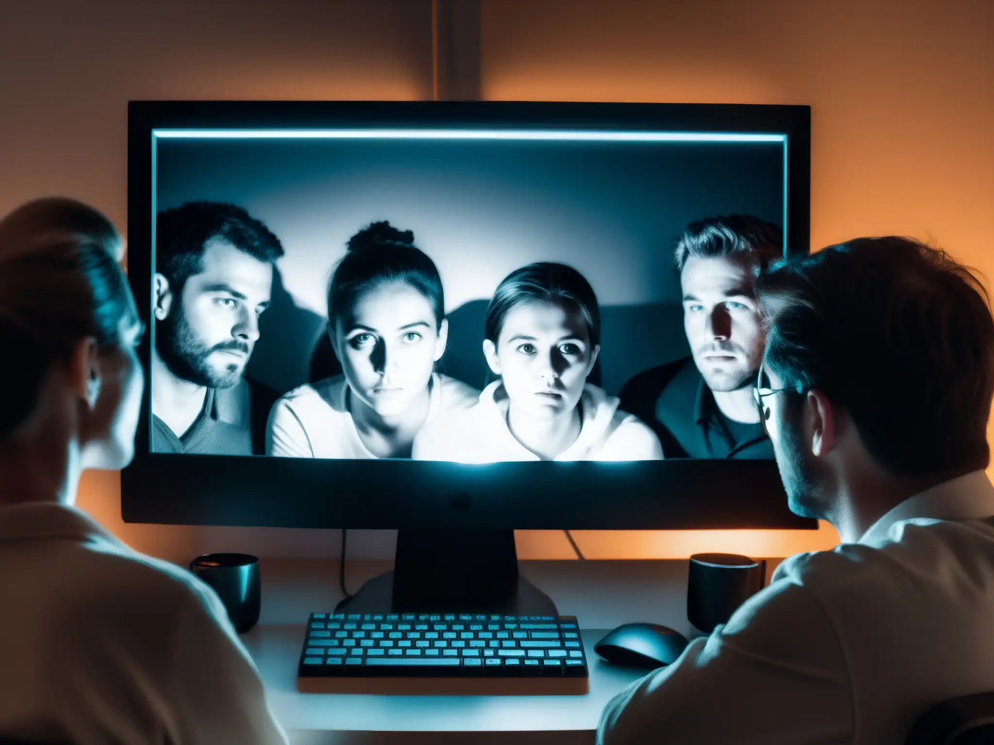 Grupo tenso de personas mirando pantalla con rostros iluminados, reflejando psicosis colectiva efecto Slenderman
