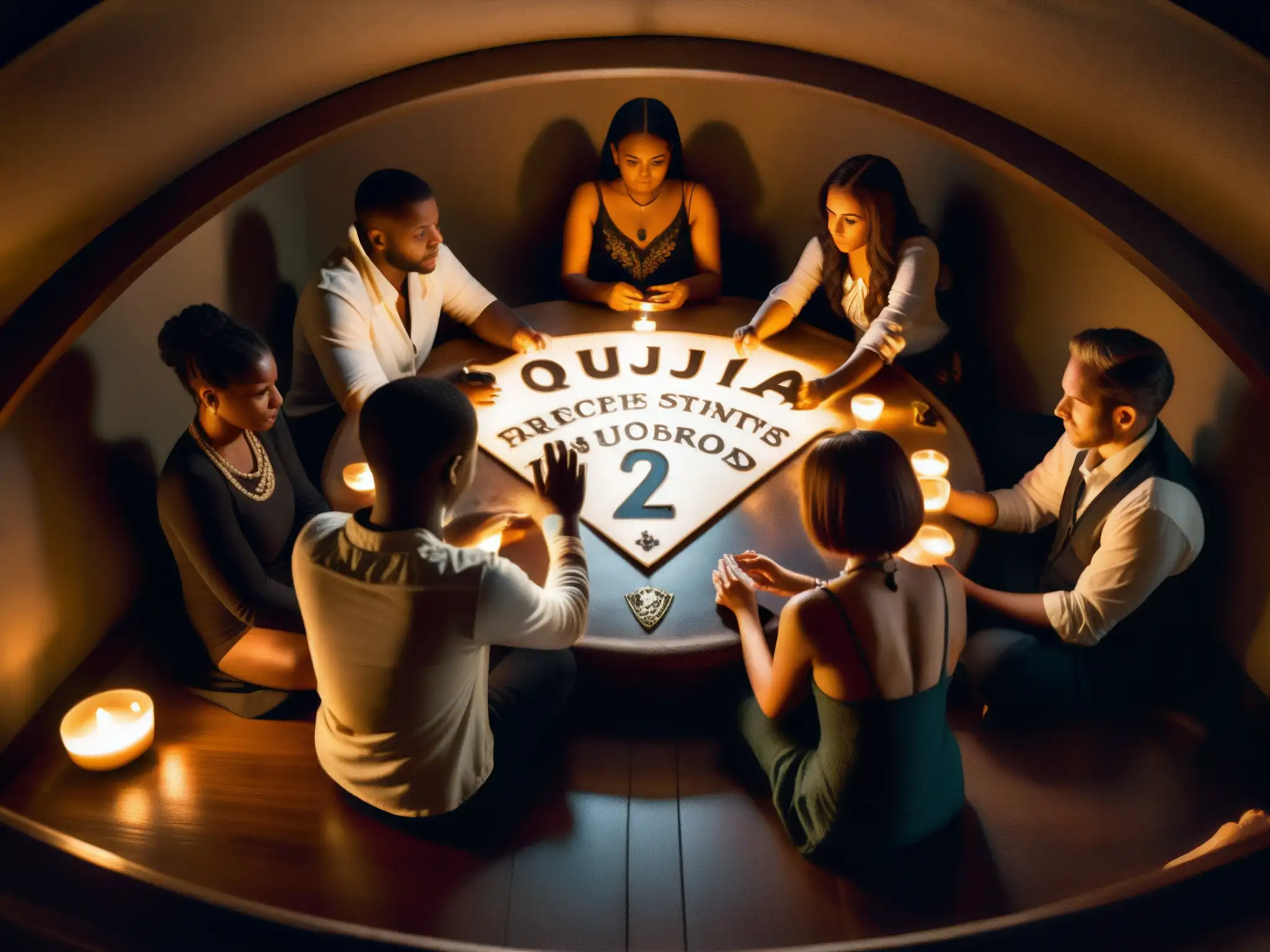 Un grupo tenso de personas se sienta alrededor de una tabla Ouija en una habitación tenue, exudando misterio