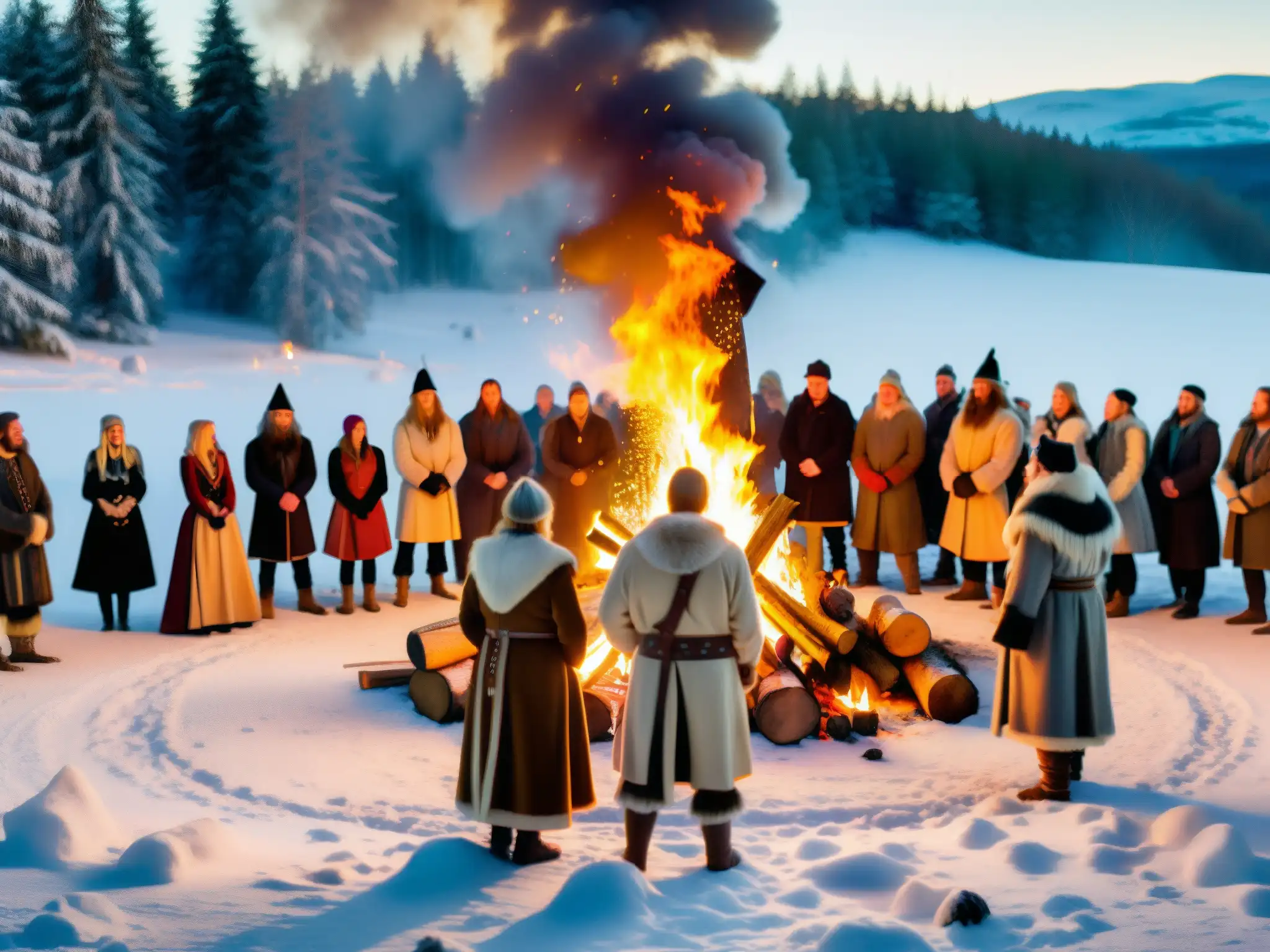 Grupo en trajes nórdicos celebra el solsticio de invierno alrededor de una fogata en un claro nevado, con ruinas antiguas de fondo