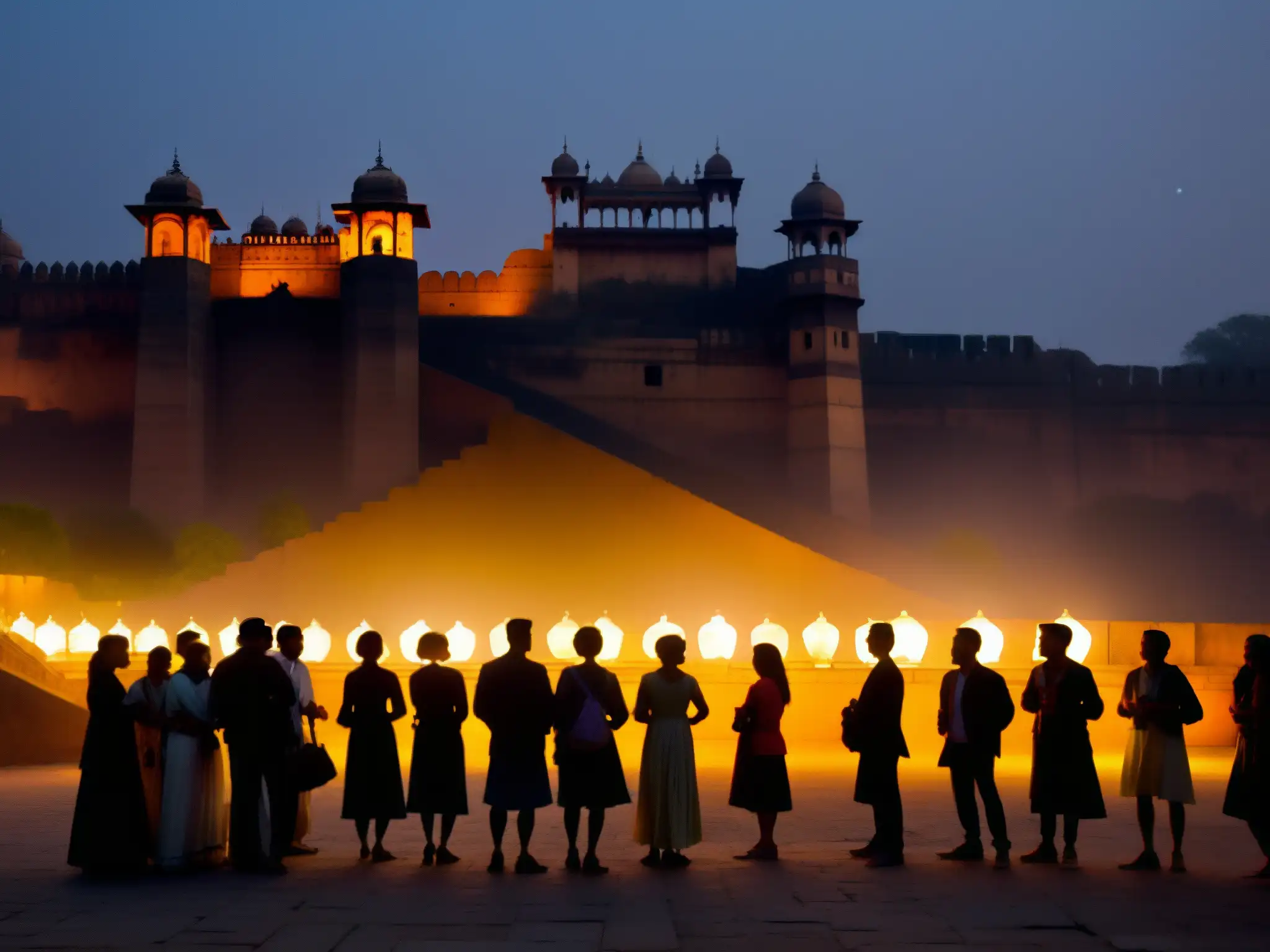 Grupo de turistas escuchando historias de fantasmas en los Fuertes de Jaipur en una tarde neblinosa