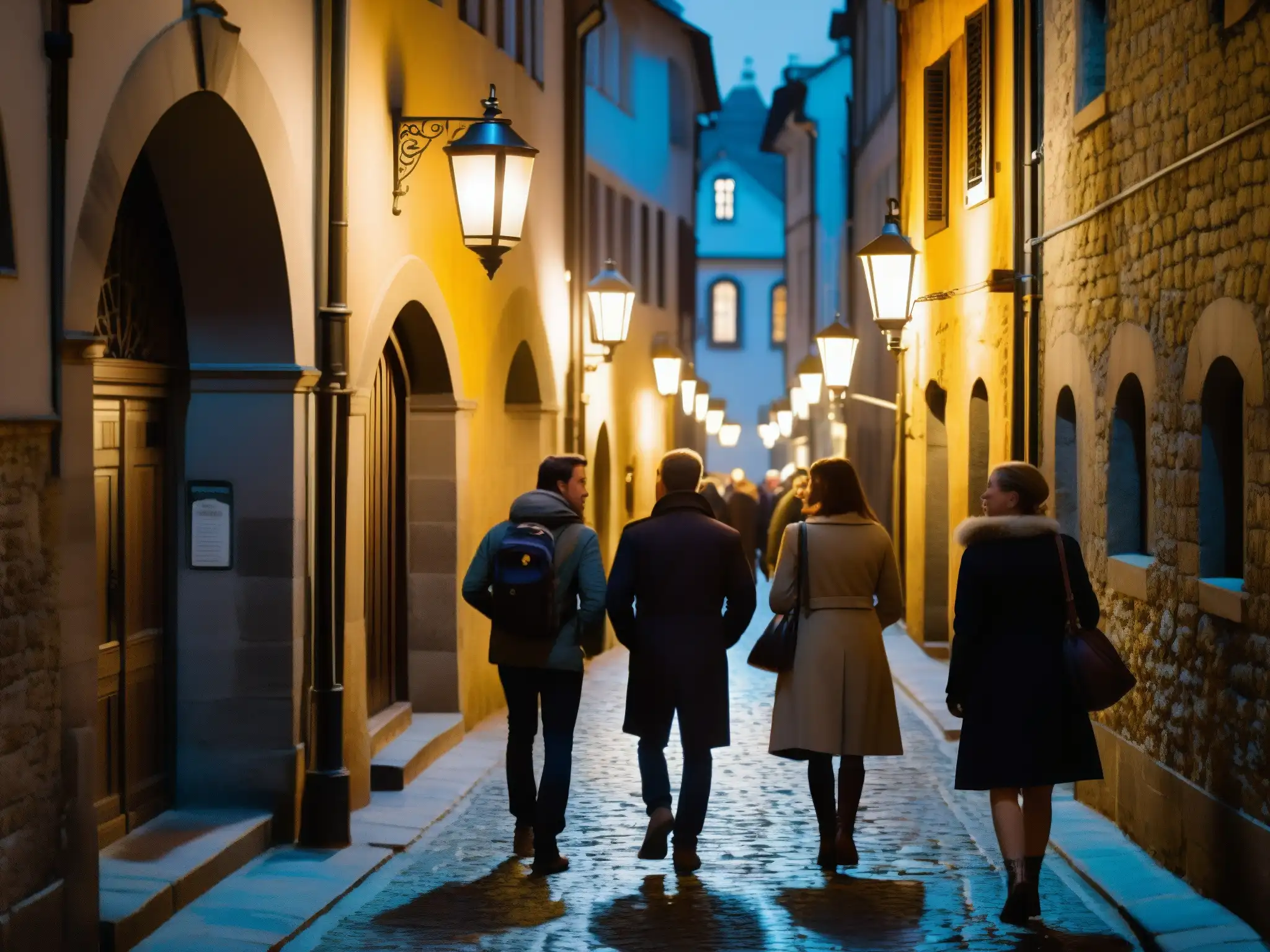 Grupo de turistas escuchando leyenda urbana en callejón europeo, impacto del turismo en folklore