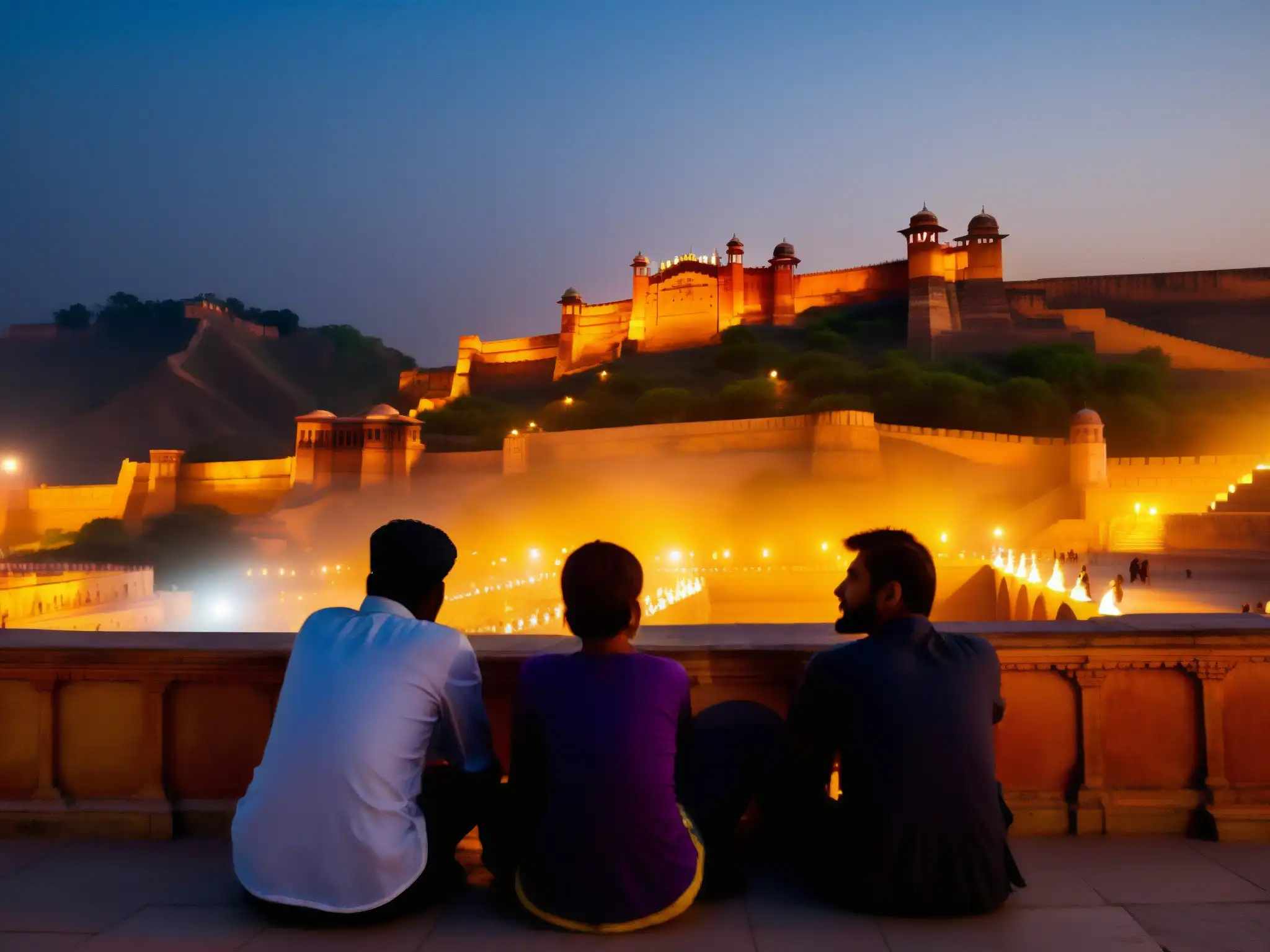 Grupo de turistas escuchando leyendas de fantasmas en el misterioso Fuerte de Ámbar en Jaipur en una noche neblinosa y luna llena
