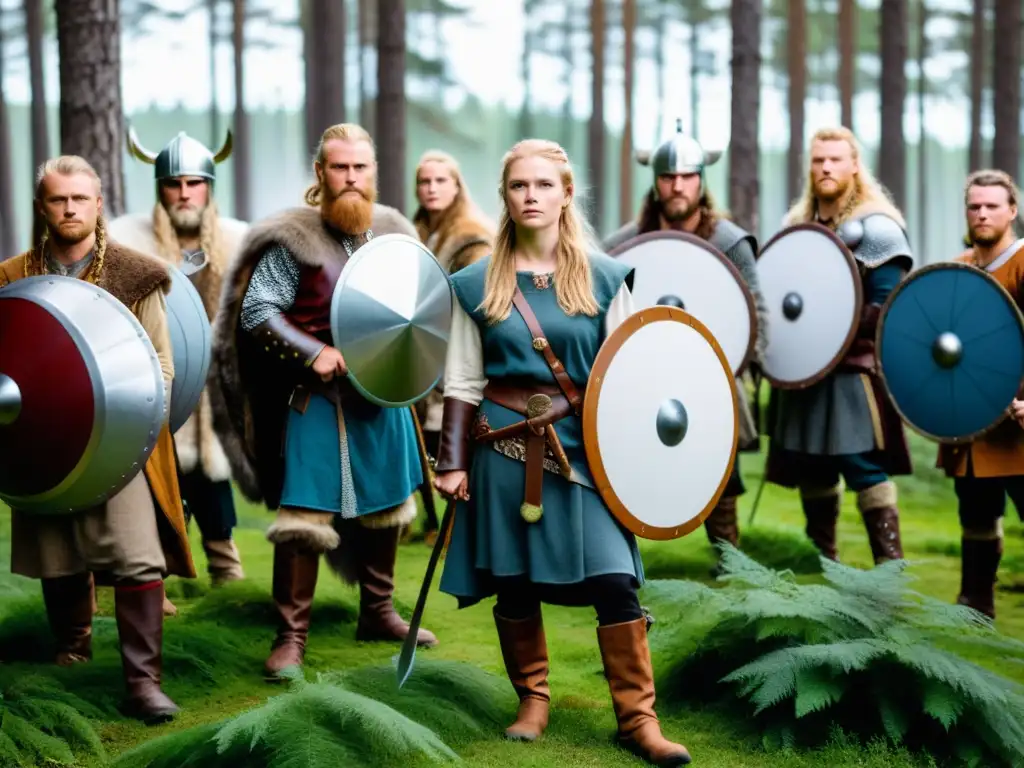 Grupo de recreación vikinga en el bosque, con vestimenta nórdica y escudos, rodeado de gatos noruegos y una mujer pelirroja que encarna la Diosa Freyja en una batalla simulada