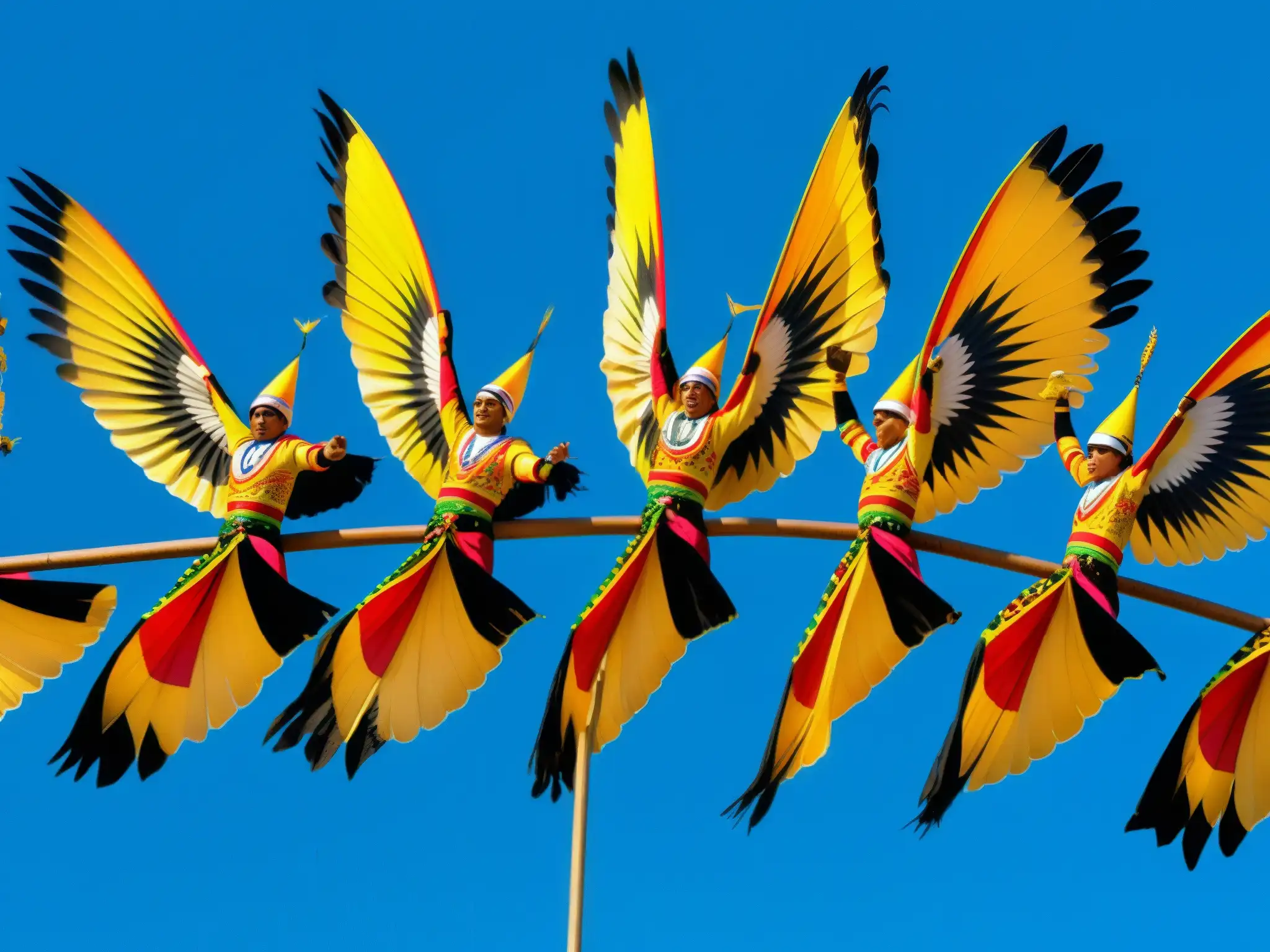 Grupo de Voladores de Papantla en la Danza de los Voladores, con trajes coloridos, descendiendo graciosamente de un poste alto