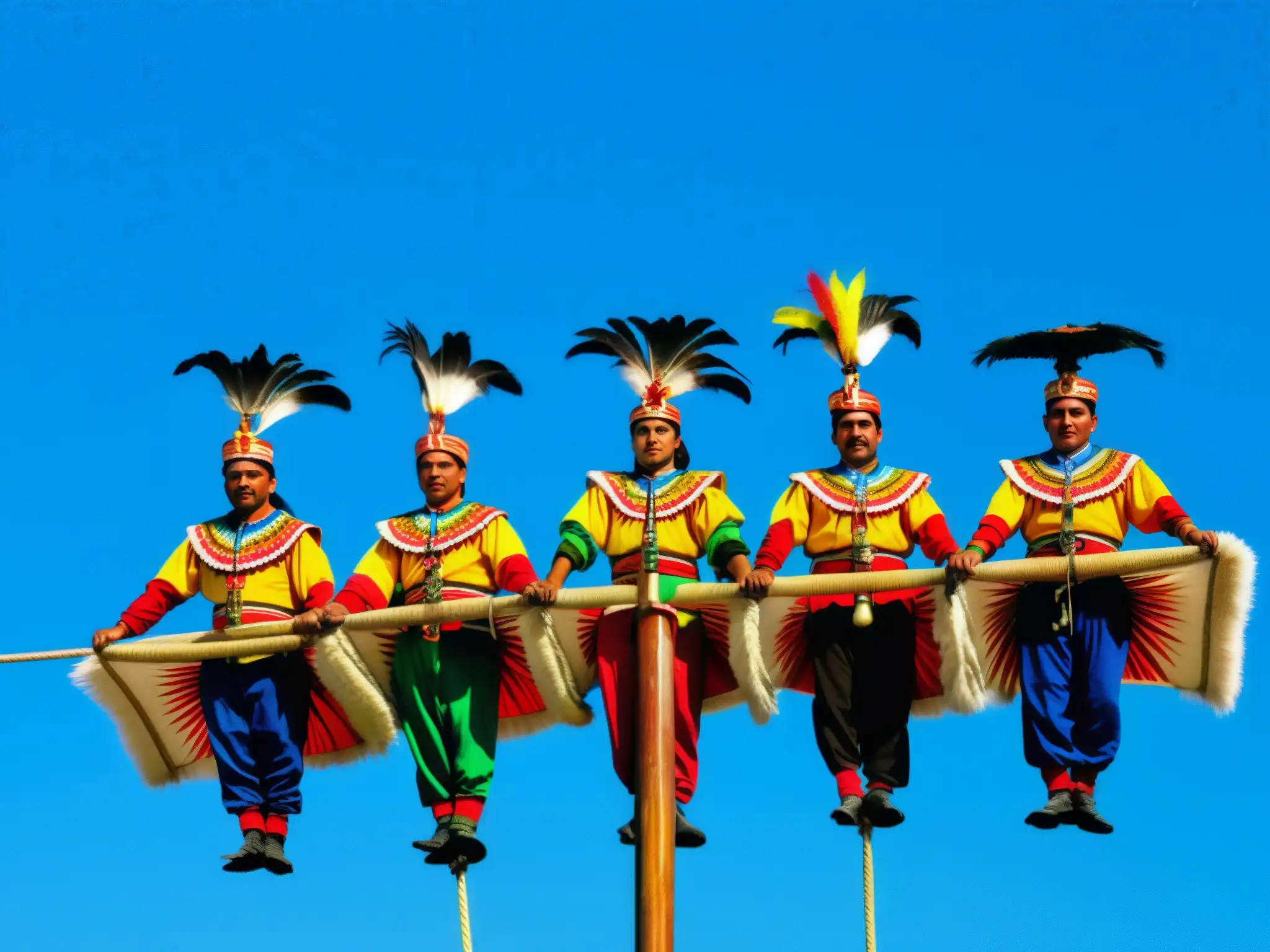Grupo de Voladores de Papantla en trajes tradicionales, listos para el ancestral ritual