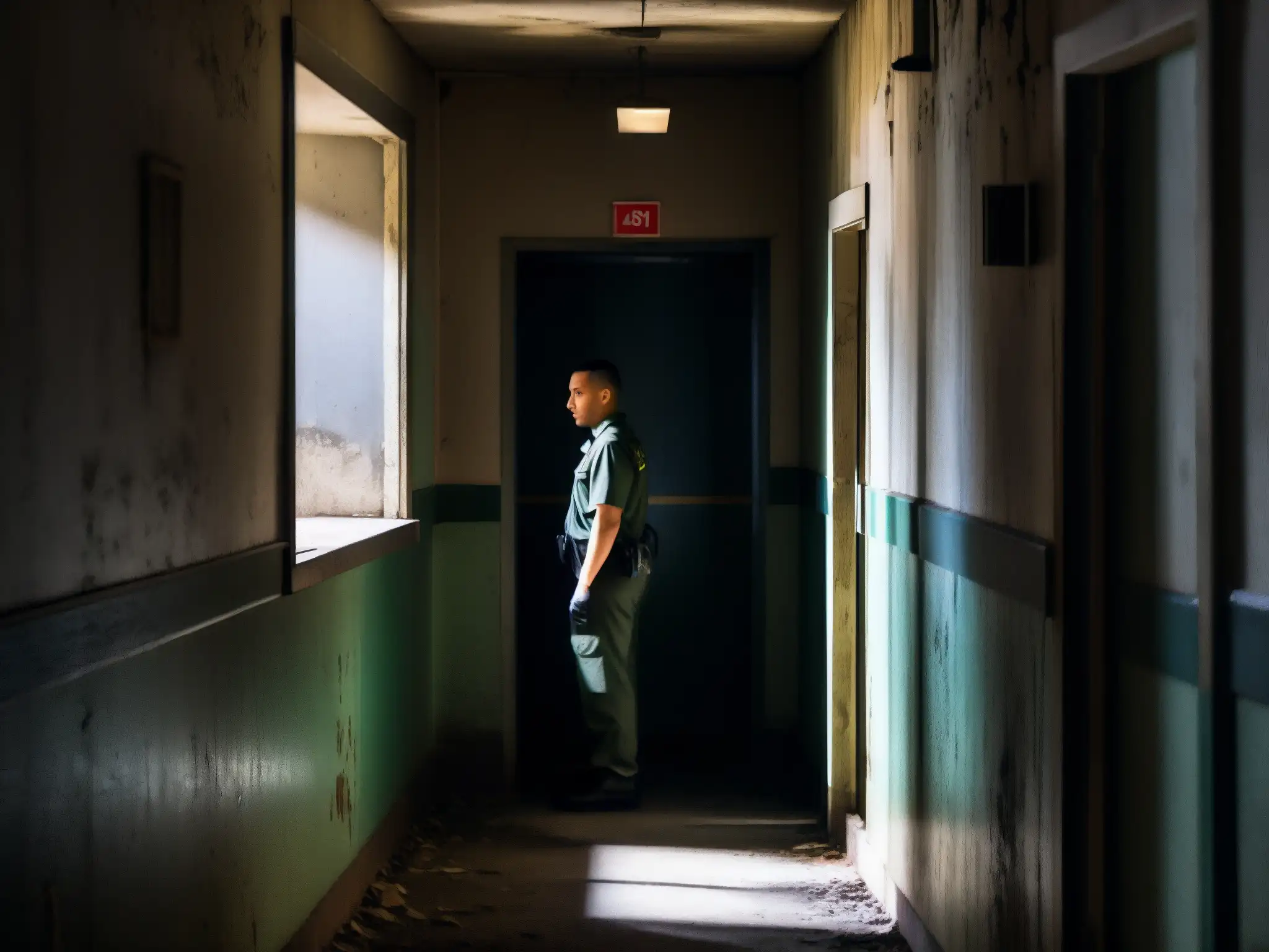 Un guardia de seguridad fantasmal vigila en un pasillo abandonado con luz tenue y pintura descascarada