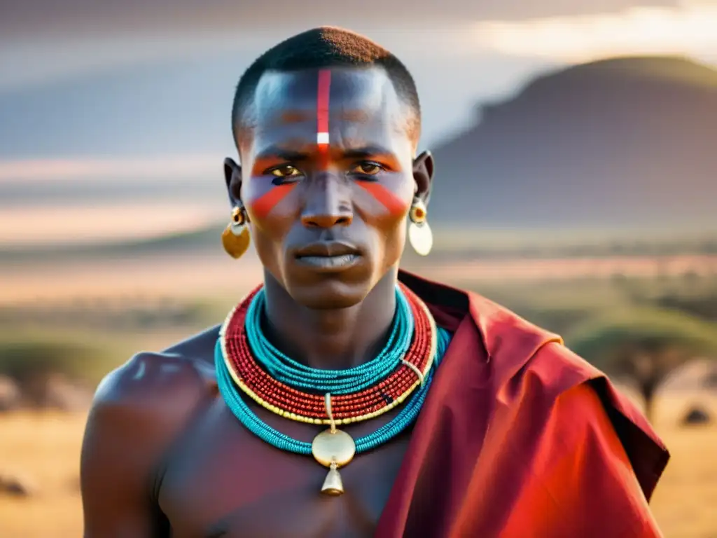 Un guerrero Maasai con atuendo tradicional en la sabana dorada de Kenia