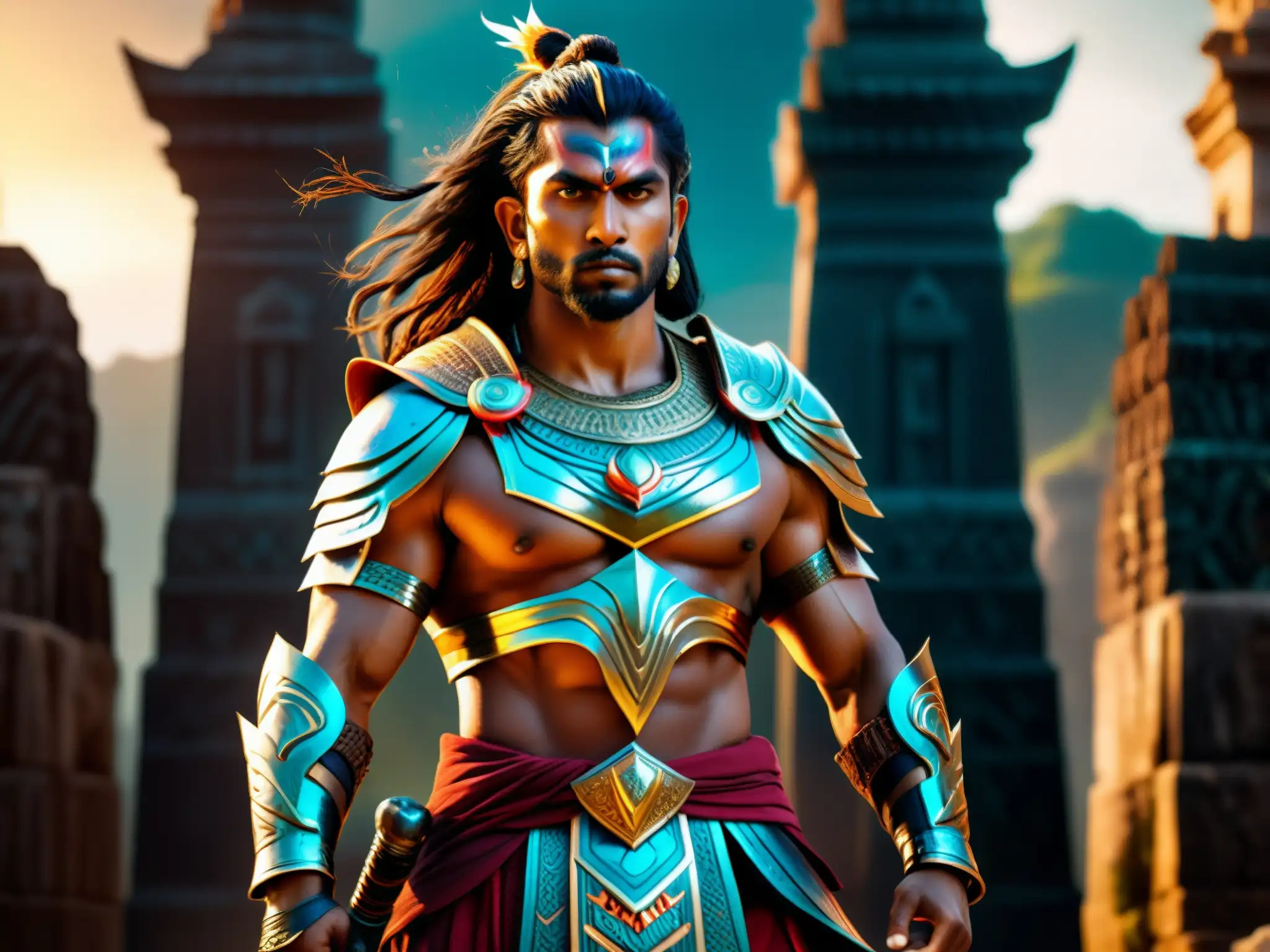 Un guerrero místico de la mitología del sur de Asia, listo para la batalla, rodeado de energía mística y ruinas antiguas