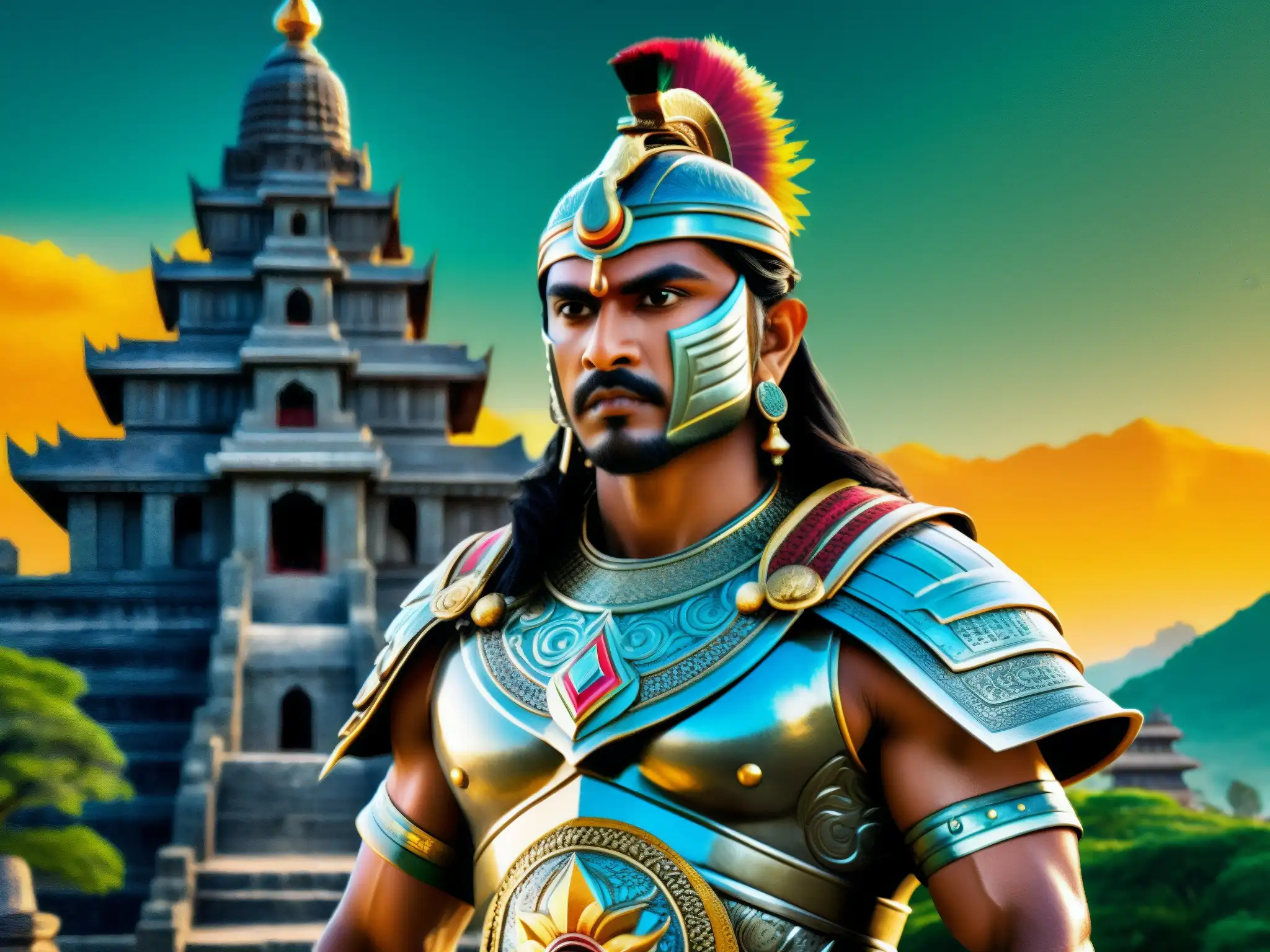 Un guerrero místico de la mitología del sur de Asia, con armadura elaborada y arma mística, frente a antiguos templos y exuberantes paisajes