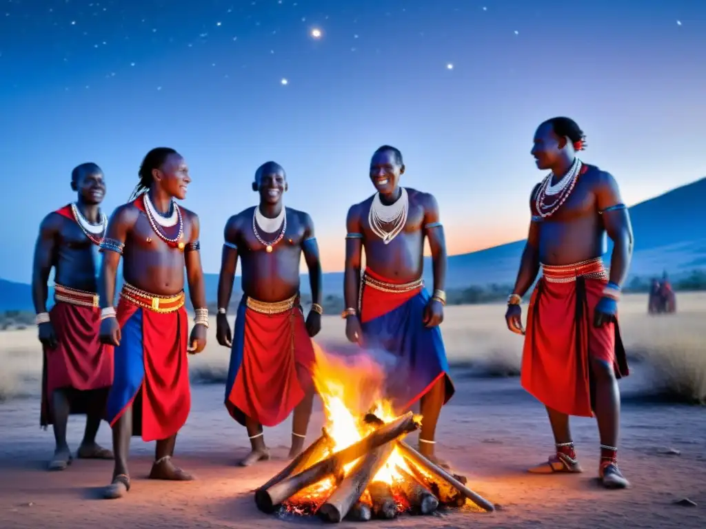 Guerreros Maasai danzando alrededor de una fogata bajo un cielo estrellado, evocando los mitos y leyendas urbanas Maasai