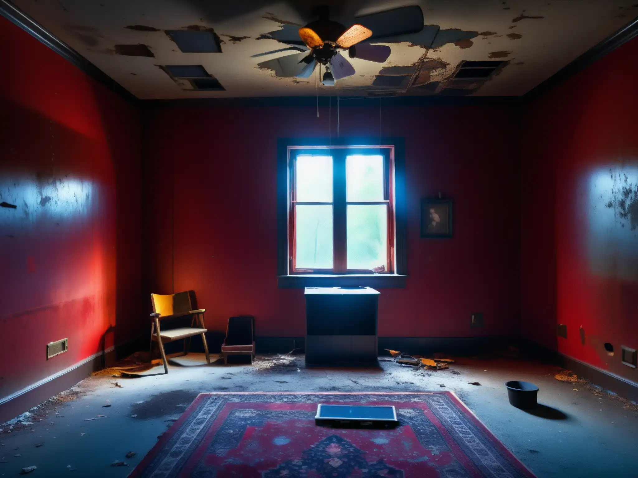 Una habitación abandonada con pintura roja descascarada, evocando el origen y misterio del mito de la habitación roja, con muebles viejos y un aura enigmática