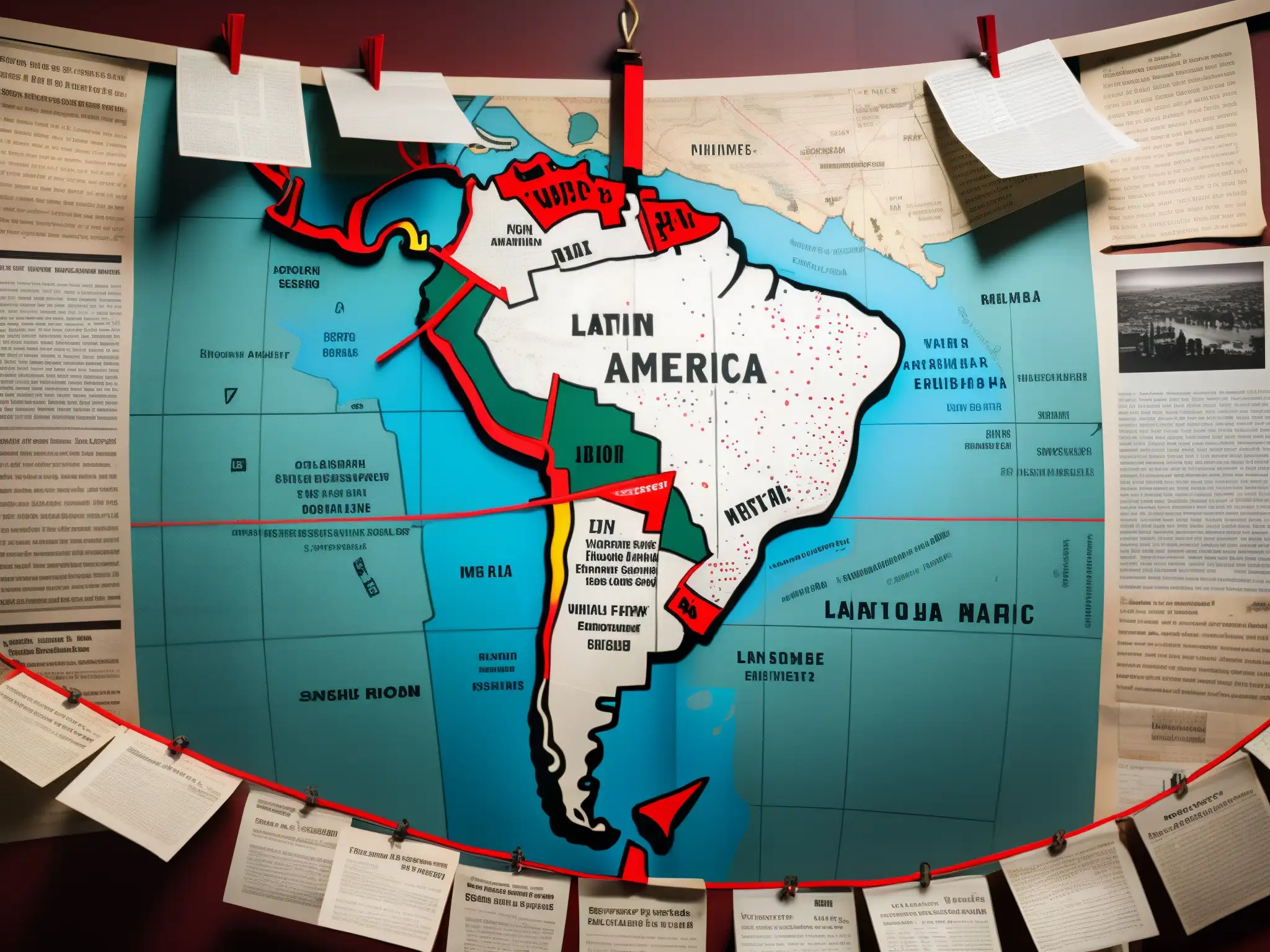 Una habitación semioscura con un gran mapa de Latinoamérica en la pared, rodeado de recortes de periódico, hilos rojos y notas escritas a mano