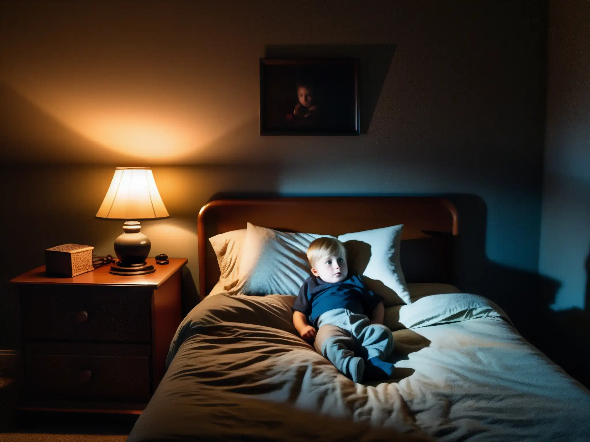 Una habitación infantil tenue con una luz nocturna proyectando sombras inquietantes