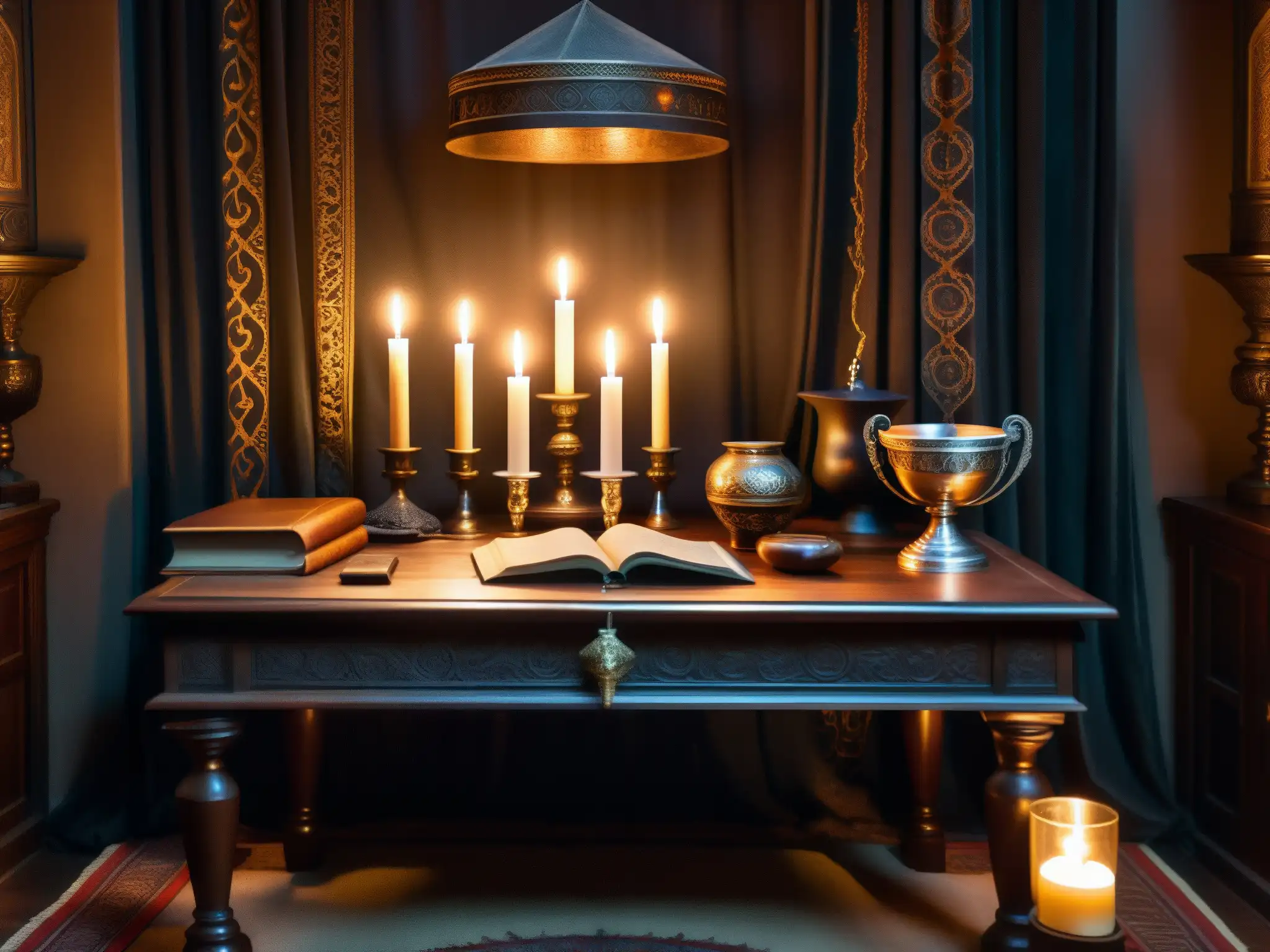 En una habitación con muebles oscuros y cortinas de terciopelo, artefactos ocultistas reposan sobre una mesa de madera