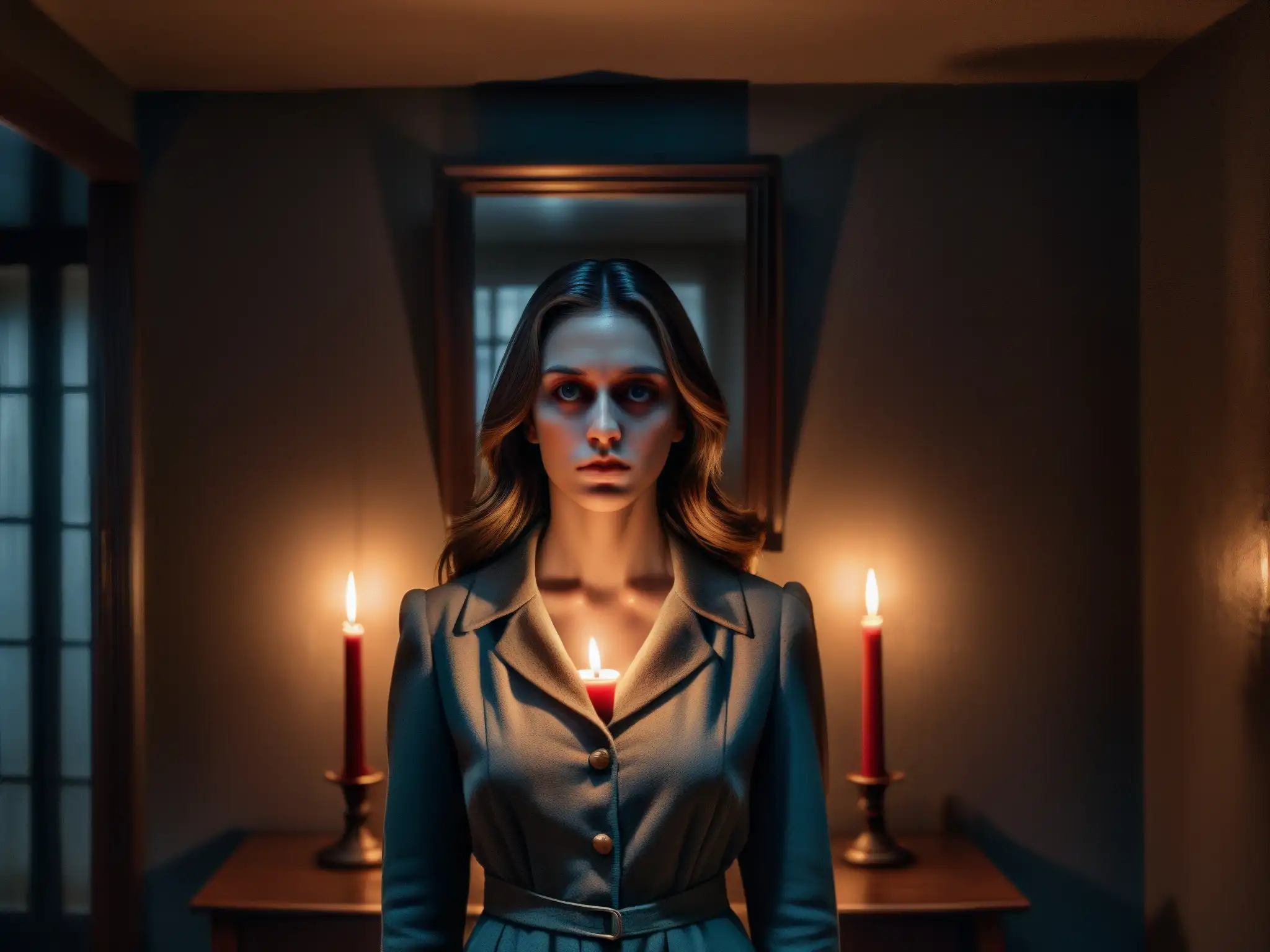 En una habitación oscura iluminada por velas, un espejo refleja la imagen distorsionada de una mujer con ojos inyectados en sangre