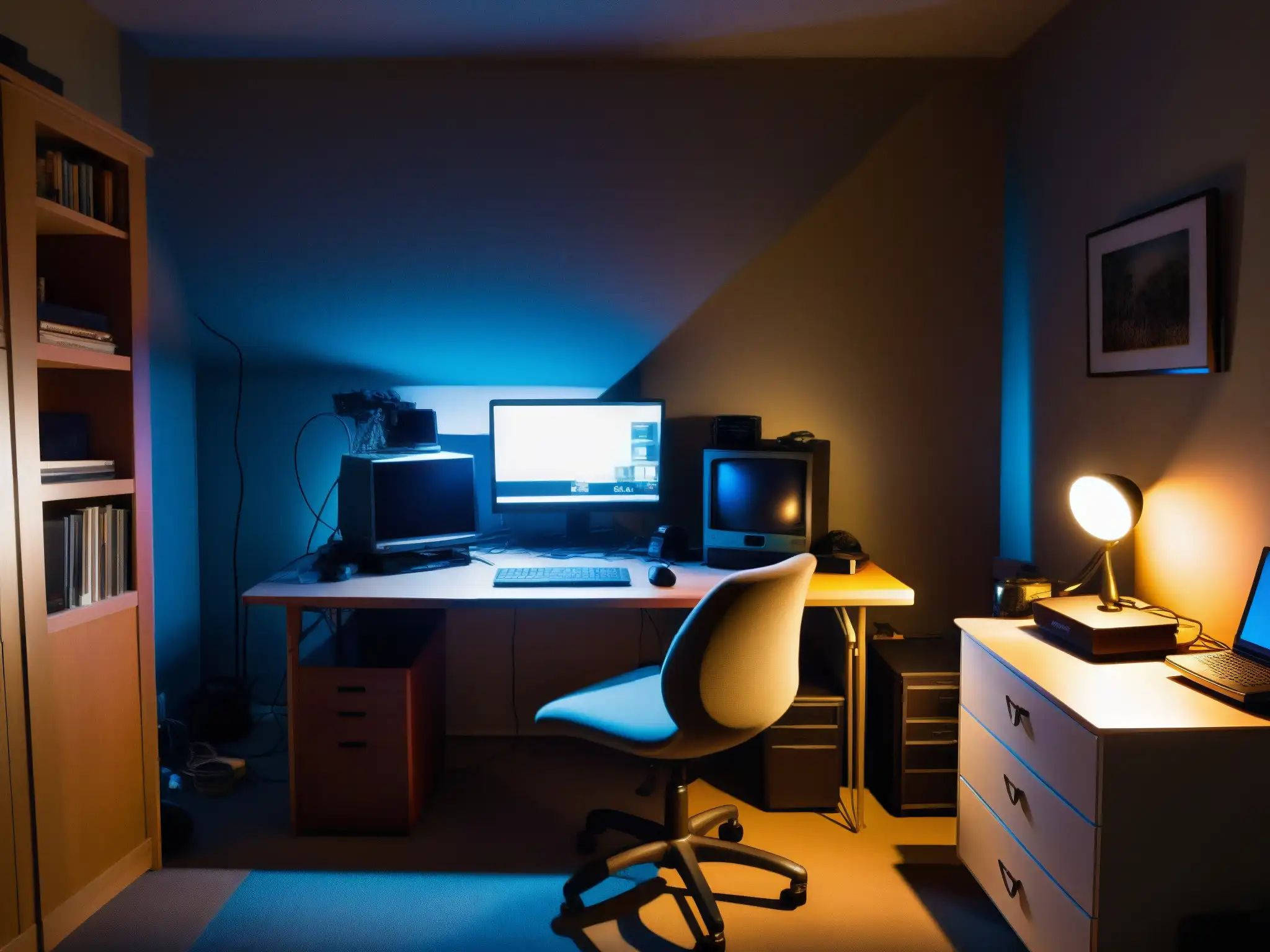 Una habitación sombría con escritorio y webcam, cables y muebles antiguos