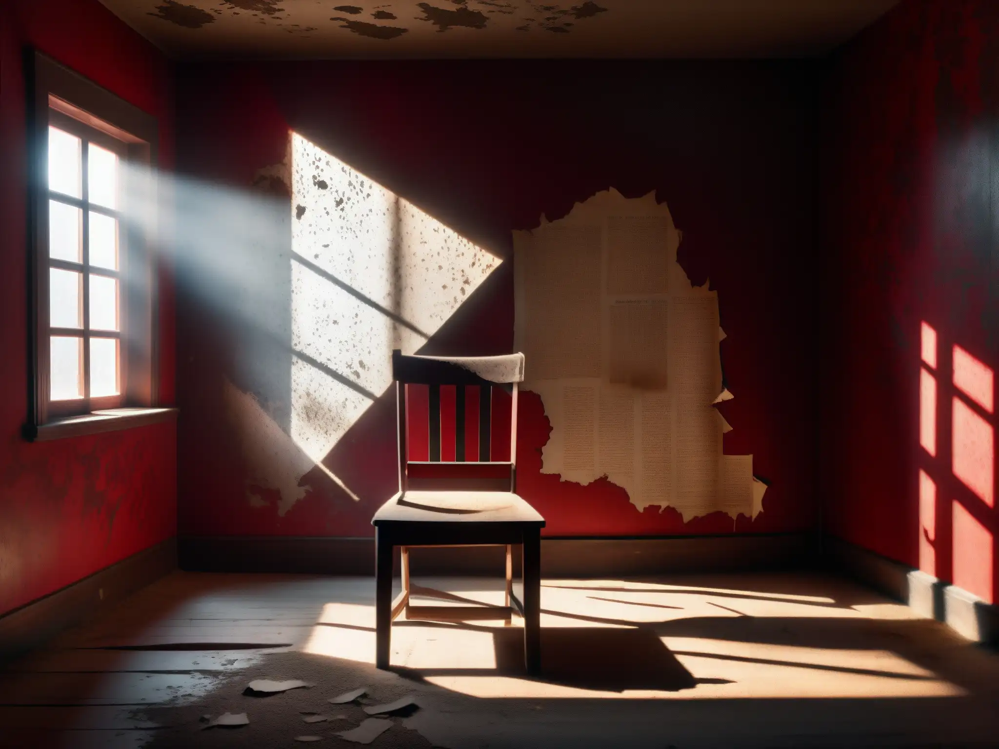 Una habitación sombría con papel tapiz rojo descascarado, sillas antiguas y símbolos misteriosos en las paredes