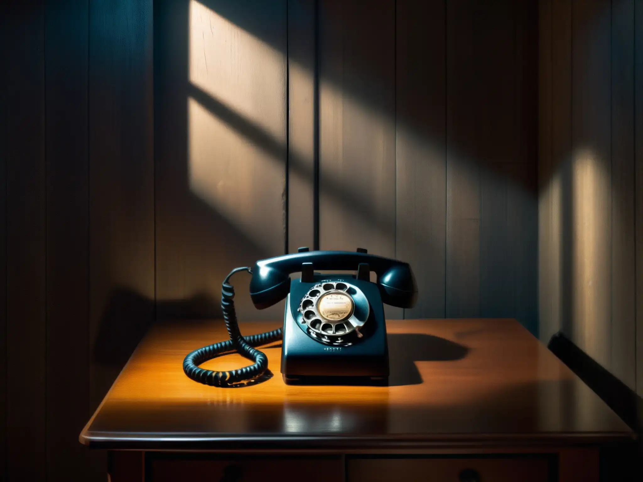 En una habitación sombría, un teléfono antiguo reposa sobre una mesa polvorienta
