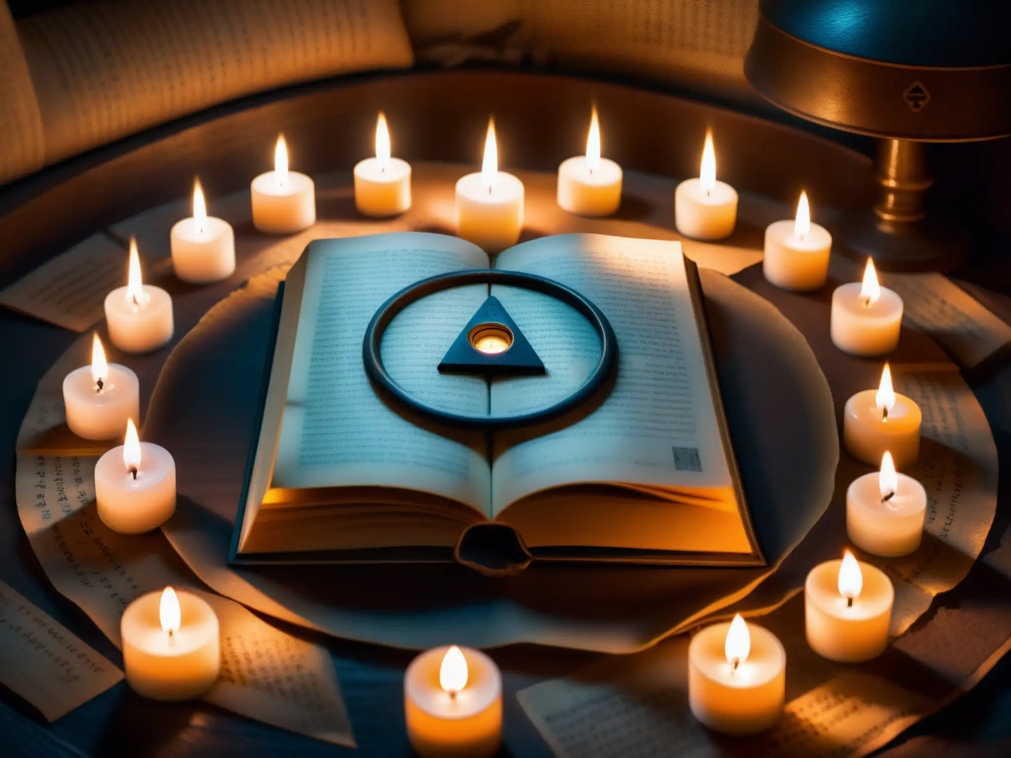 En una habitación tenue, un círculo de velas rodea símbolos misteriosos y un libro antiguo con escritura críptica
