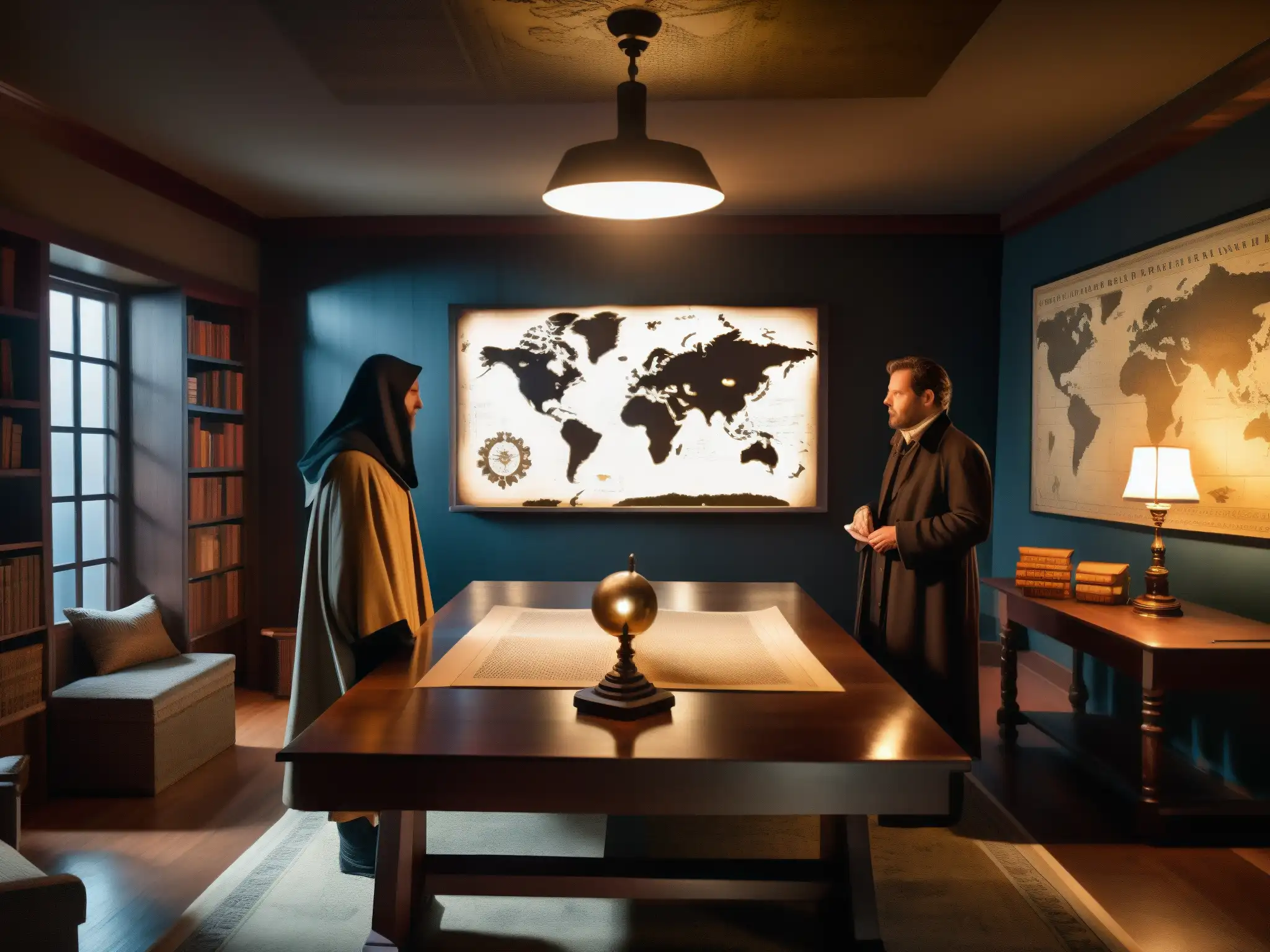 En una habitación tenue, una mesa de madera está cubierta de documentos, libros antiguos y un mapa del mundo