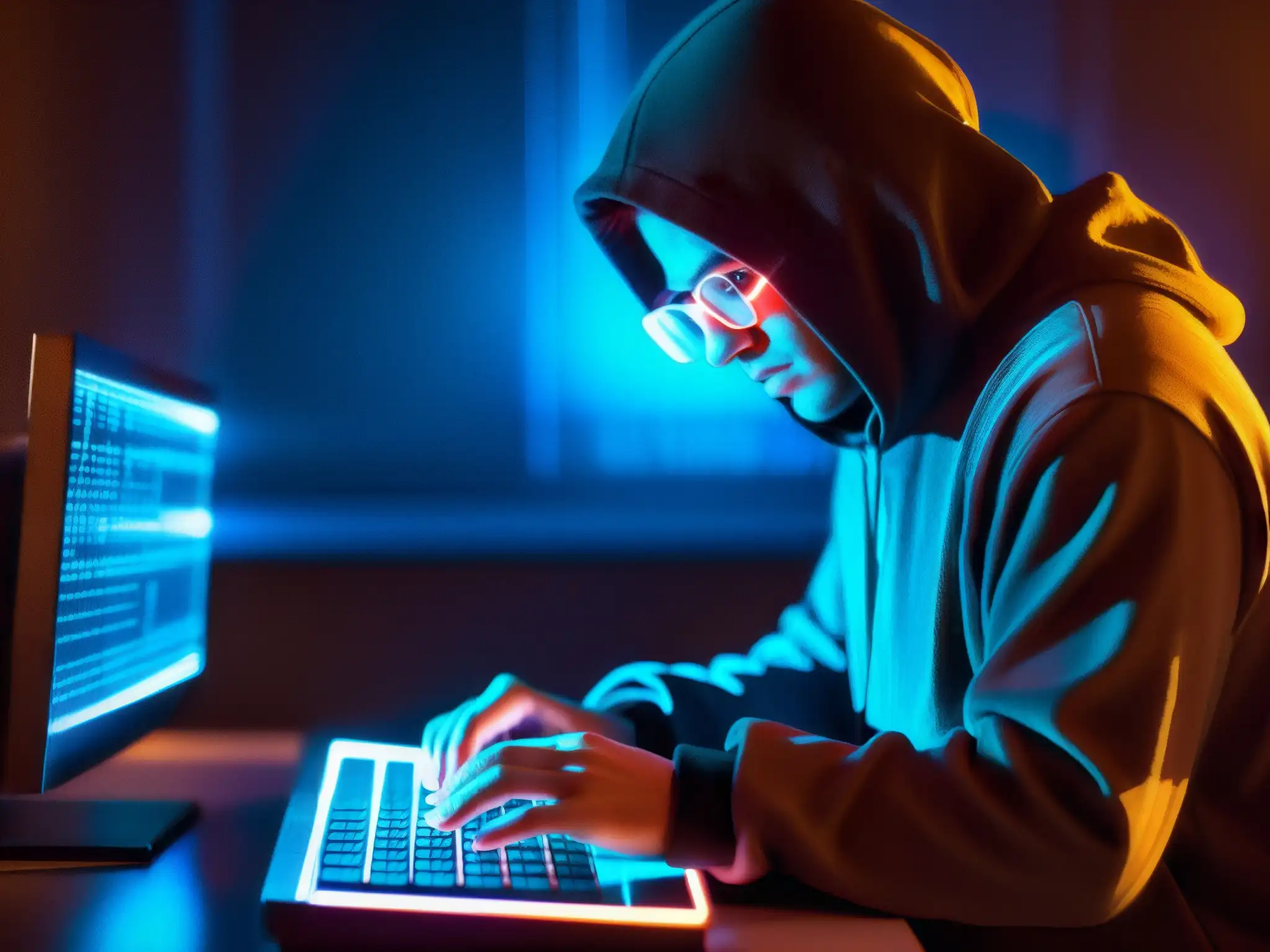 Un hacker en la penumbra, iluminado por la pantalla, refleja misterio y determinación