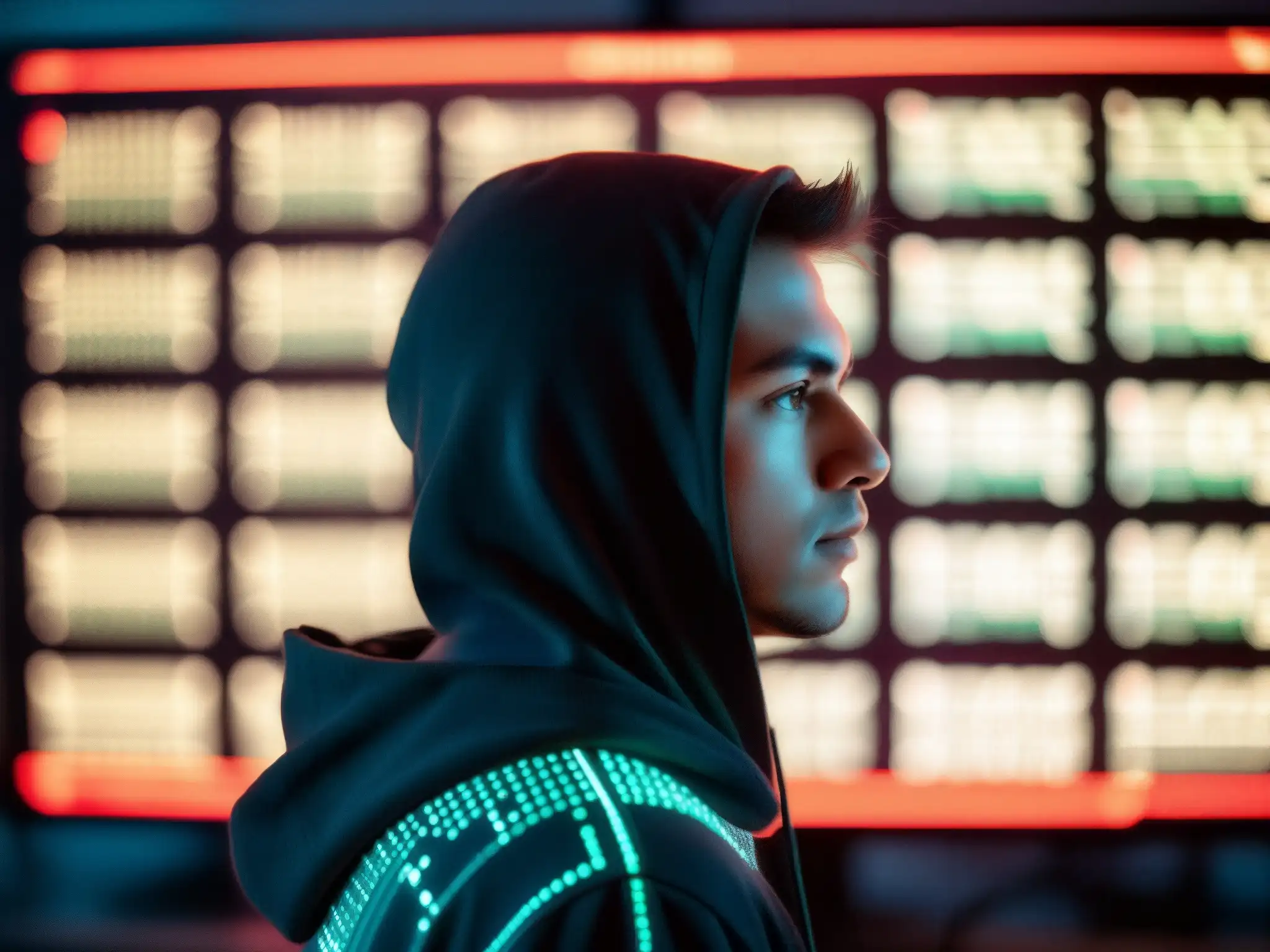 Un hacker en la penumbra, rodeado de pantallas brillantes