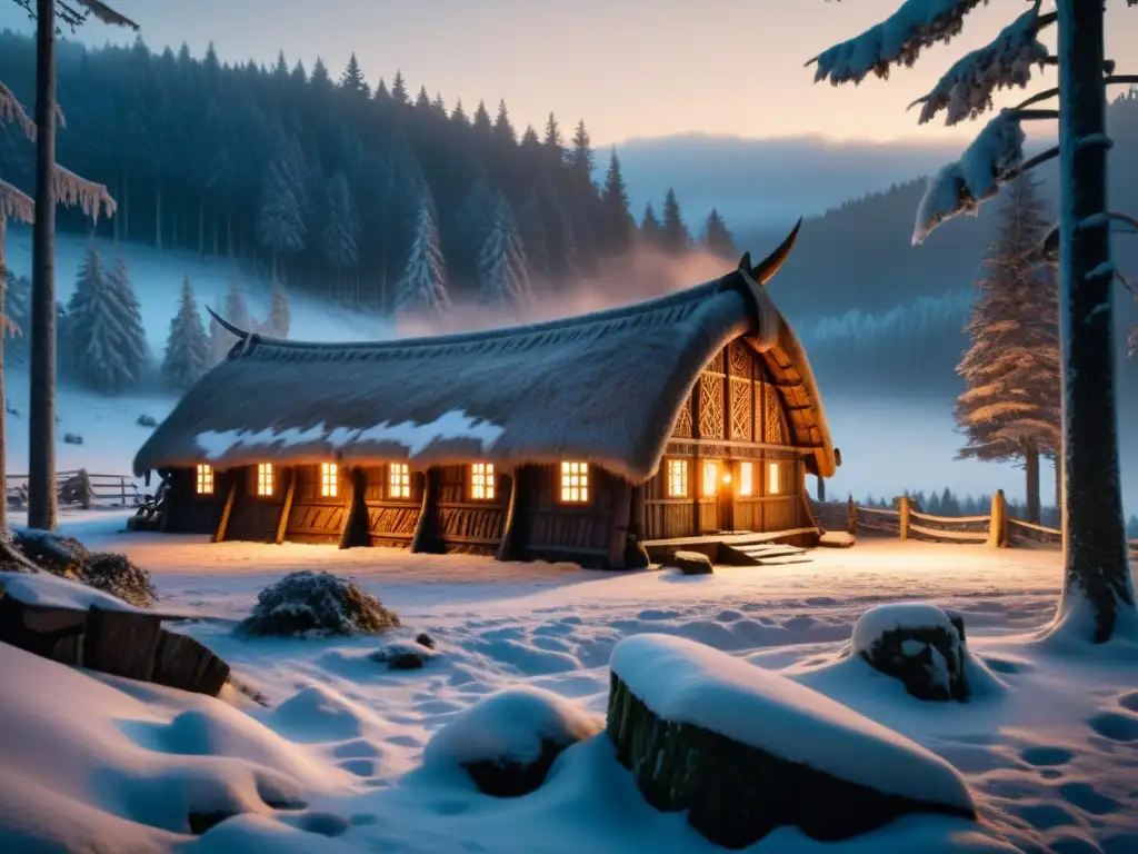 Hechicería en las Sagas Nórdicas: una cabaña vikinga se alza en un bosque nevado y brumoso, con luz de fuego en sus ventanas y tallados en madera