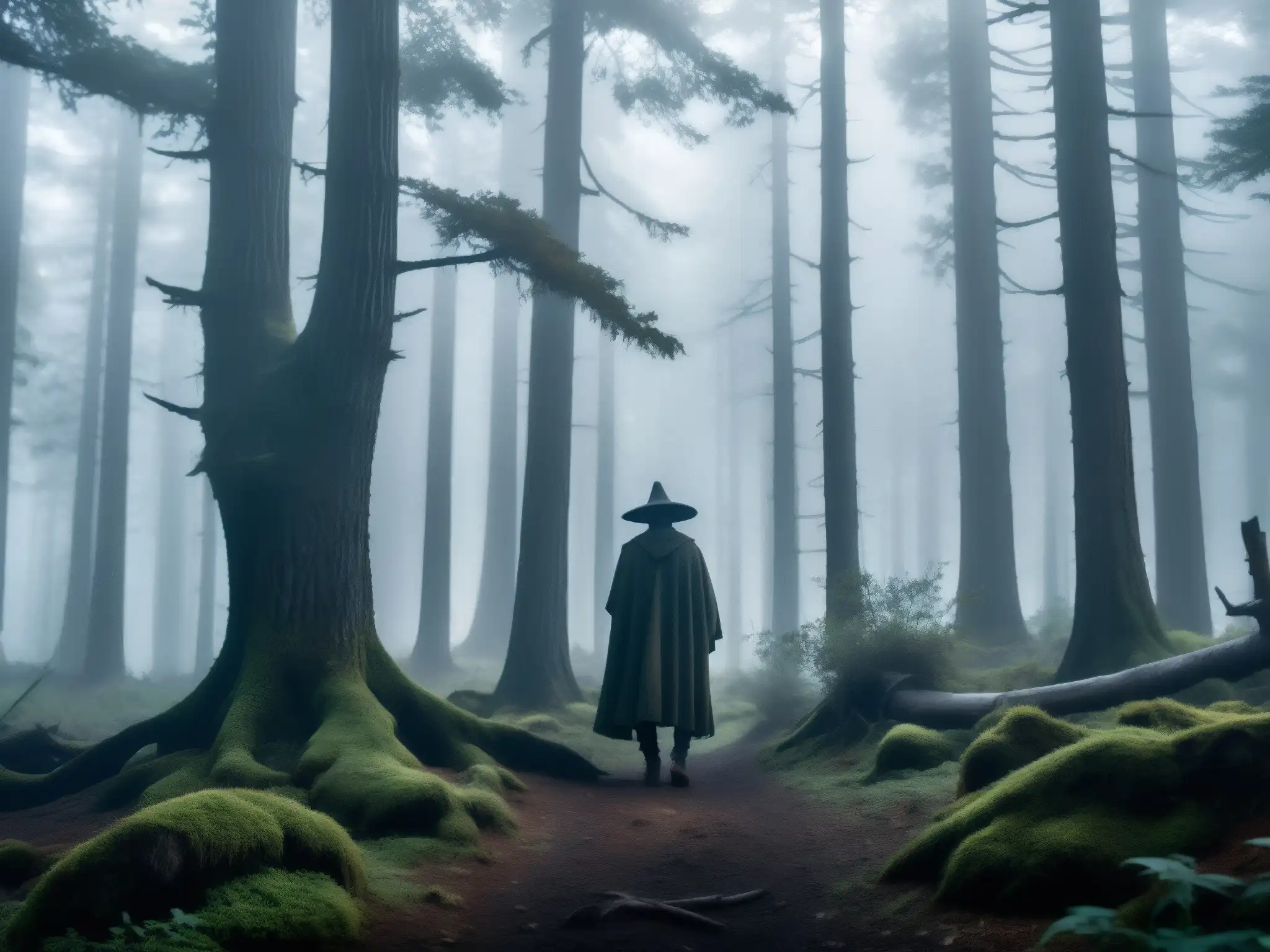 Hechicería en la sierra neoleonesa: un bosque misterioso y etéreo, con árboles retorcidos y una figura envuelta en la niebla