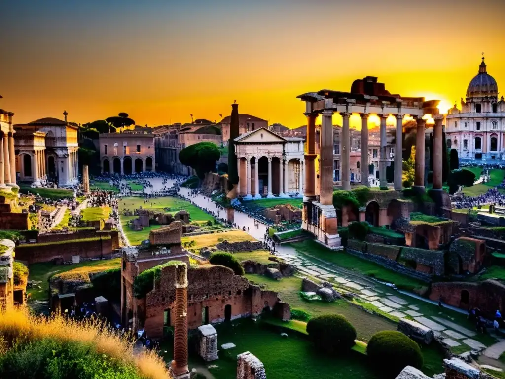 Hechizo Reina Loba Roma antigua: Ruinas del Foro Romano al atardecer, bañadas en luz dorada con el Coliseo de fondo y visitantes explorando