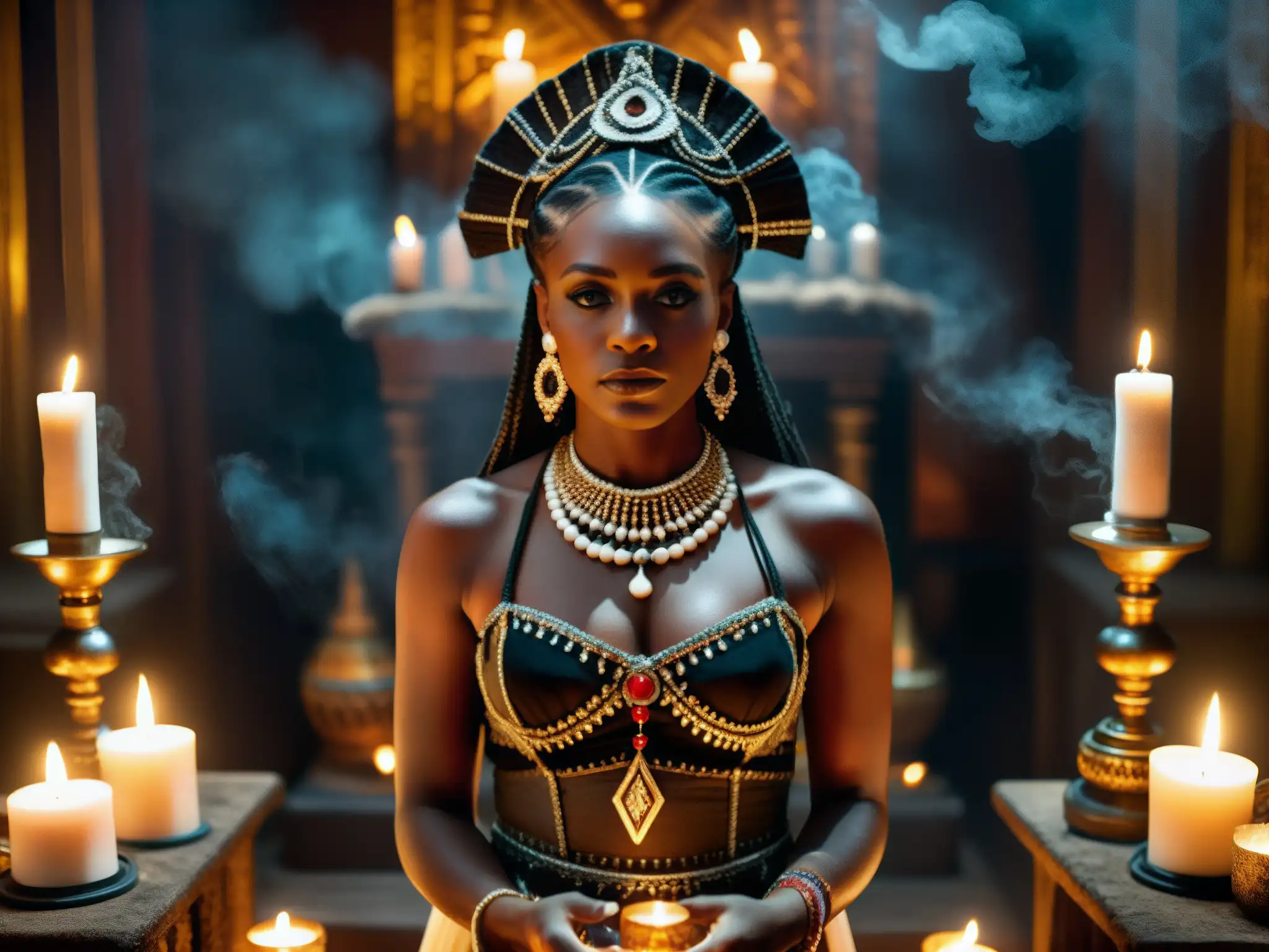 Hechizos vudú Nueva Orleans: imagen de vudú en un místico templo con una sacerdotisa realizando un ritual entre velas y humo de incienso