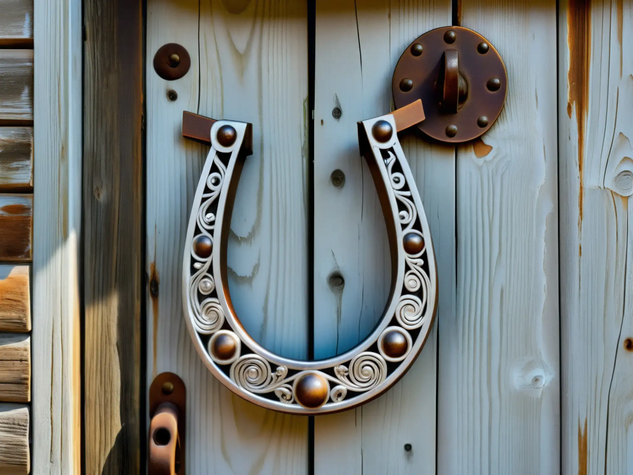 Una herradura oxidada cuelga de una puerta de madera antigua, destacando el contraste entre lo rústico y lo metálico