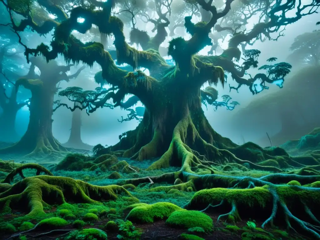 Hijos de Loki monstruosidades leyendas: bosque tenebroso con árboles antiguos, plantas bioluminiscentes y figura misteriosa