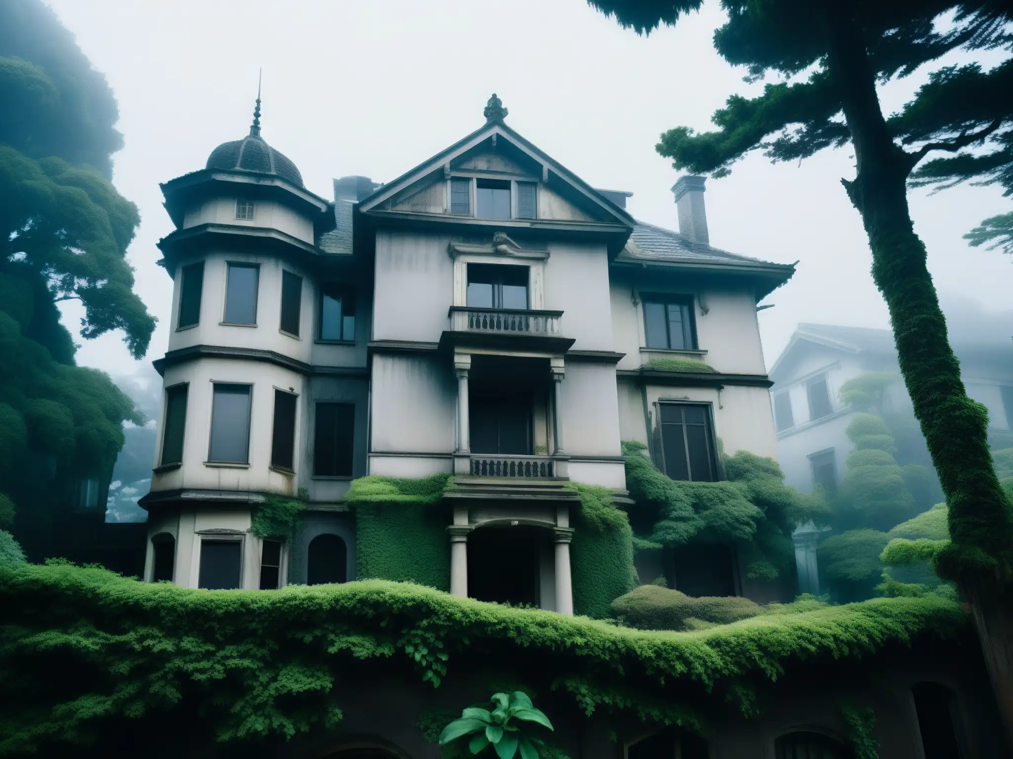 La mansión Himuro envuelta en niebla y rodeada de árboles retorcidos, evocando la psicología del miedo en Himuro Mansion