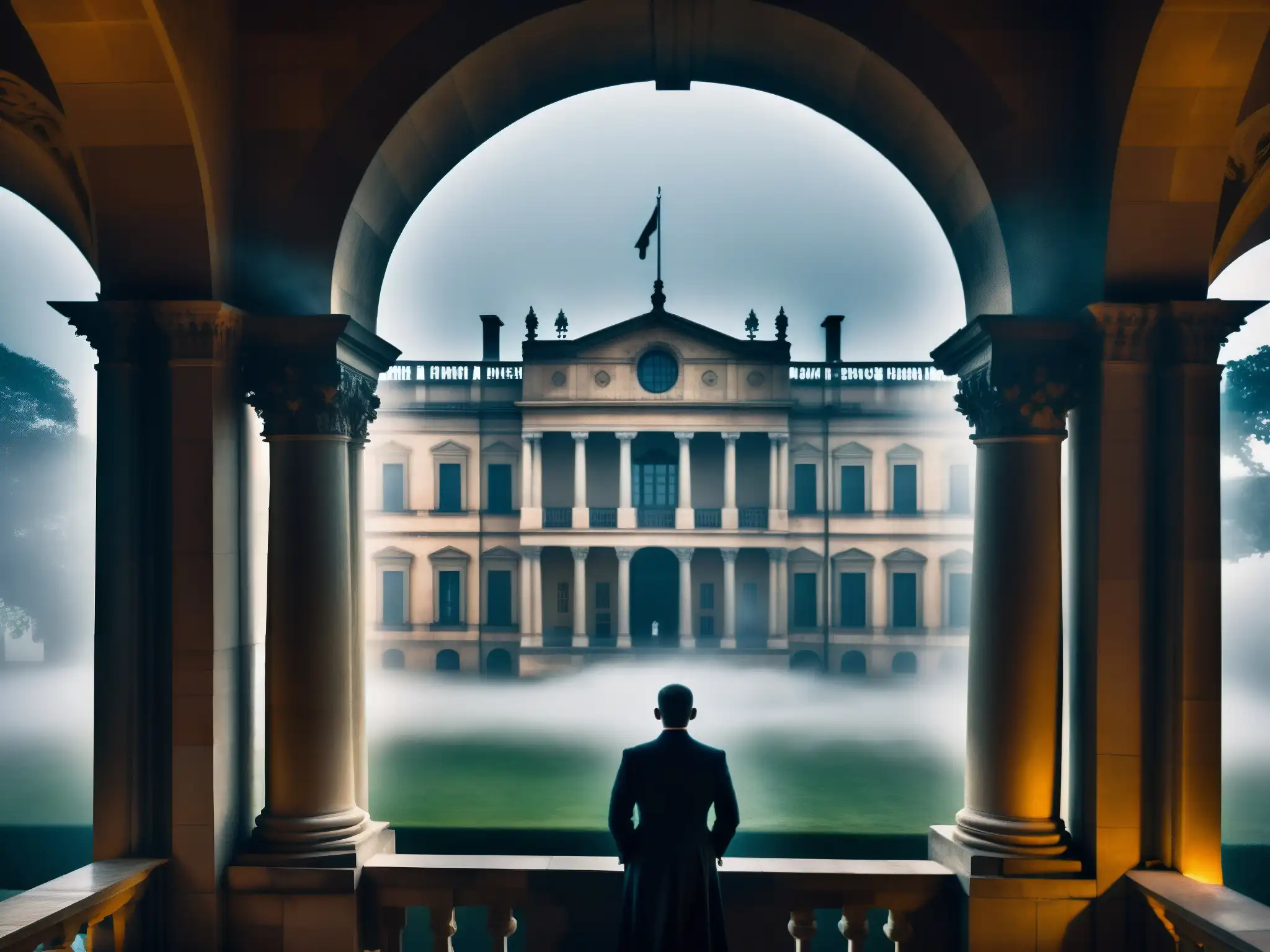 Histórica imagen de un palacio gubernamental con sombras fantasmales, evocando historias de espíritus en palacios