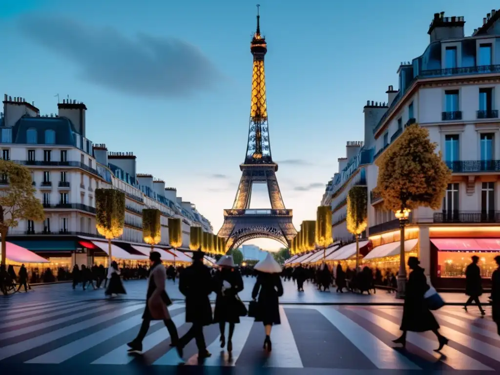 Histórica calle parisina al anochecer con la Torre Eiffel de fondo, figuras transparentes de revolucionarios franceses y leyendas urbanas