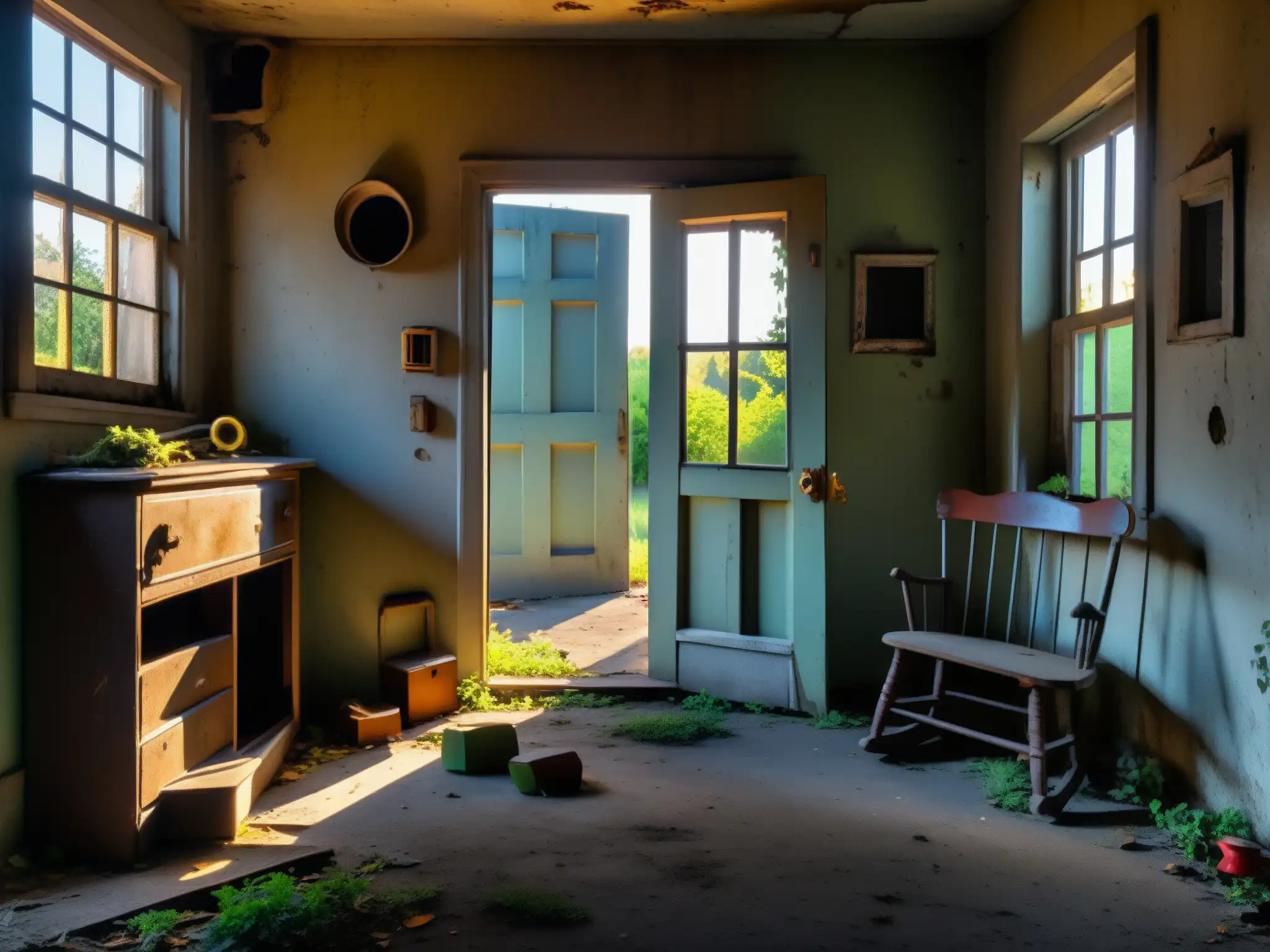 Un hogar abandonado y desolado, con juguetes oxidados y mobiliario desgastado
