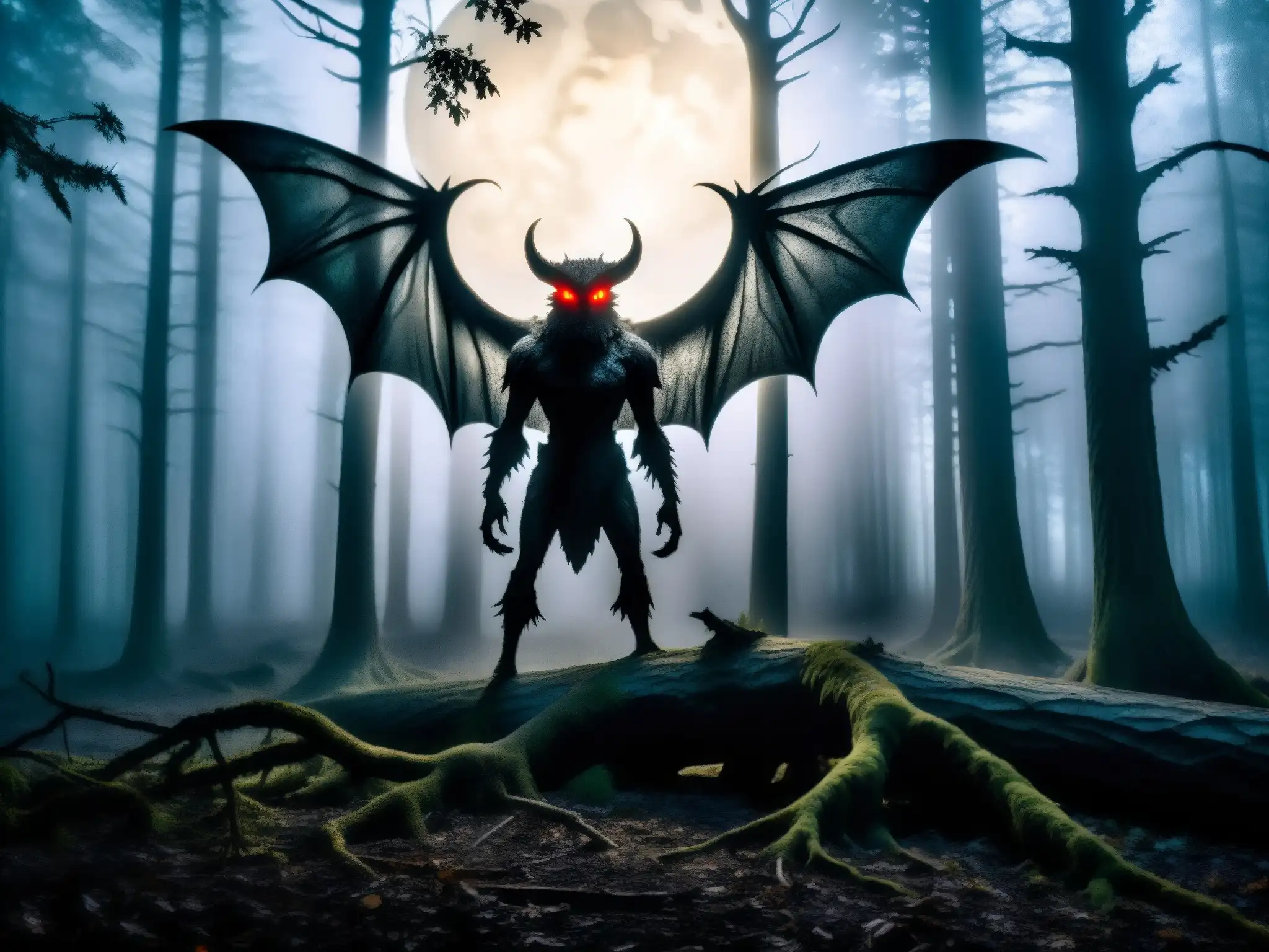 Hombre Polilla leyenda terror nocturno: Bosque oscuro y brumoso iluminado por la luna, árboles retorcidos proyectan sombras inquietantes