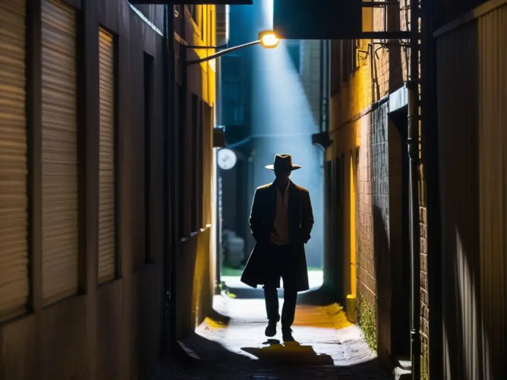 Hombre del Sombrero leyendas urbanas: Figura misteriosa en callejón urbano con atmósfera enigmática y sombras dramáticas
