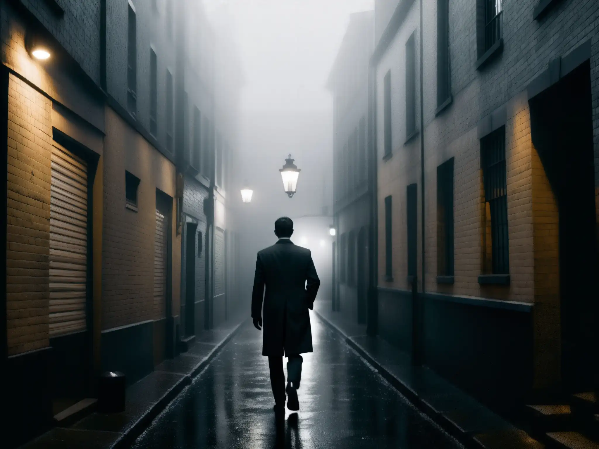 Hombres de Negro leyenda urbana: misterioso callejón en blanco y negro, figura sombría al final, atmósfera de film noir