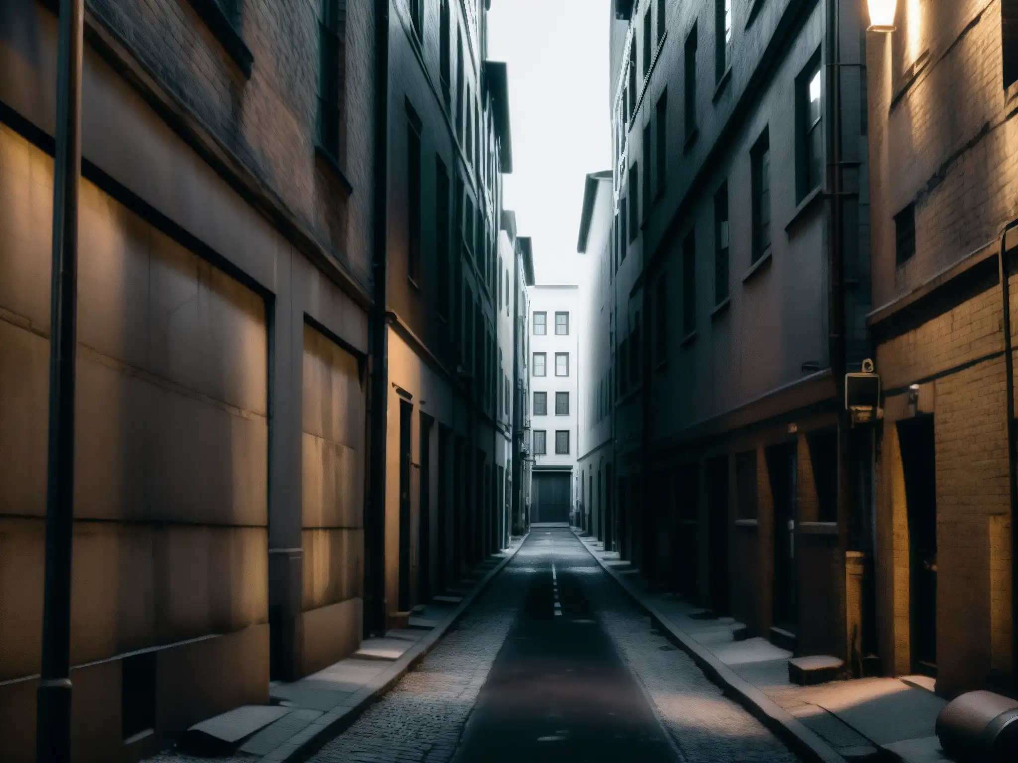 Hombres de Negro leyenda urbana: Un callejón desolado y sombrío entre altos edificios, iluminado por una solitaria farola