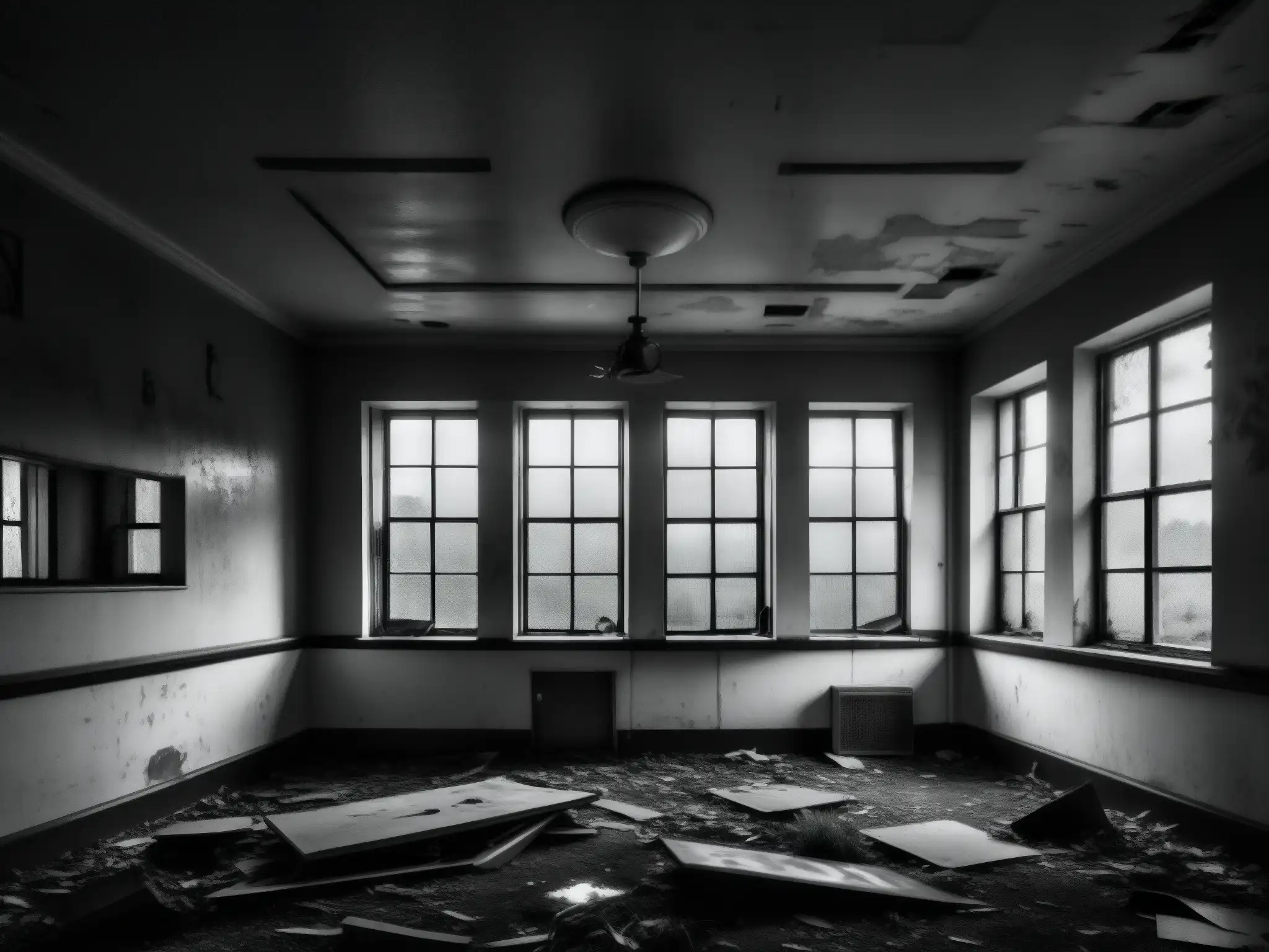 Un hospital psiquiátrico abandonado y cubierto de grafitis se alza amenazador bajo un cielo tormentoso