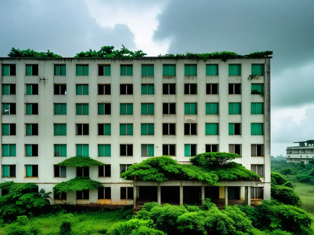 Un hotel abandonado en Abidjan con ventanas rotas y vegetación descontrolada, evocando historias de hoteles embrujados en Abidjan