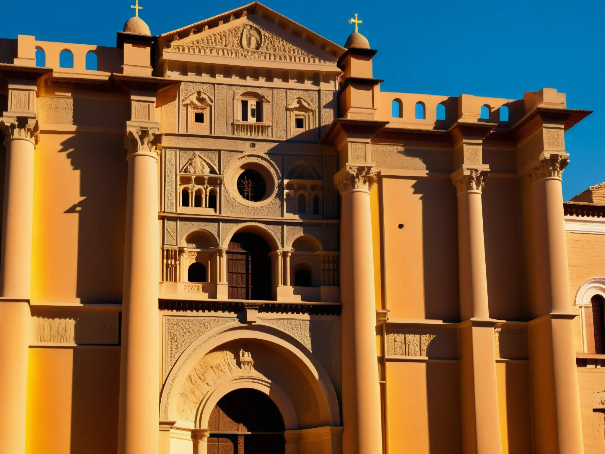 La icónica Basilica de la Vera Cruz en Caravaca, España, bañada por la cálida luz dorada del atardecer, resaltando su arquitectura medieval y su misterioso ambiente