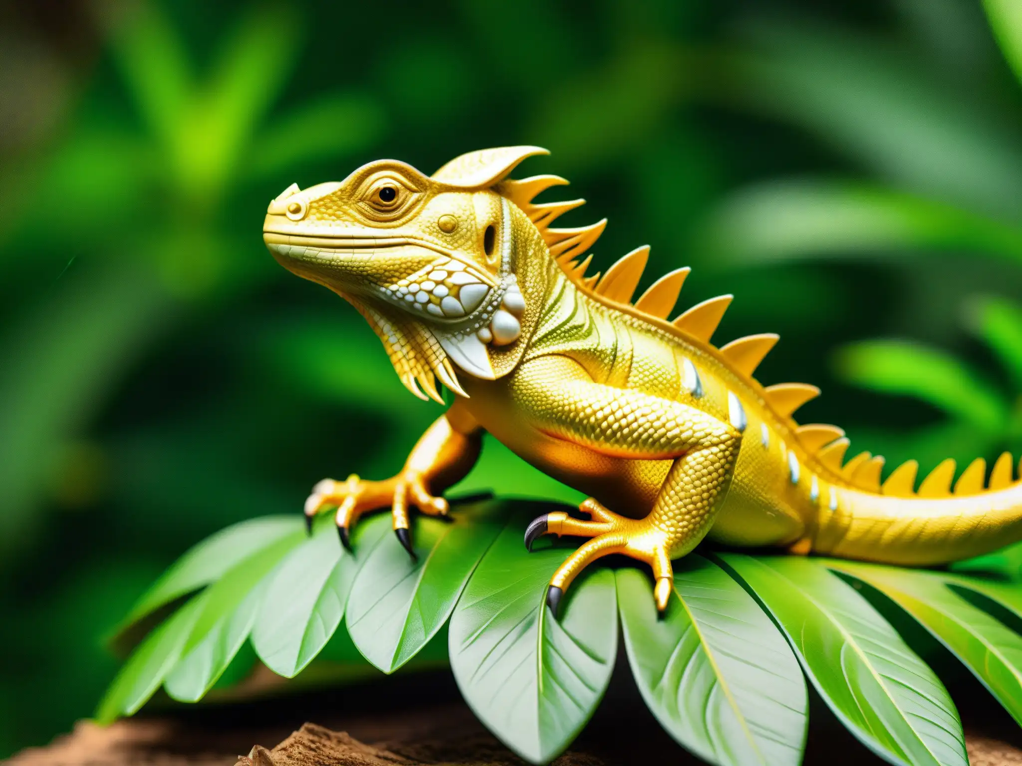 Un iguana de oro en la exuberante selva ecuatoriana, capturando el tesoro mítico de las iguanas de oro con su brillo dorado y detalles fascinantes